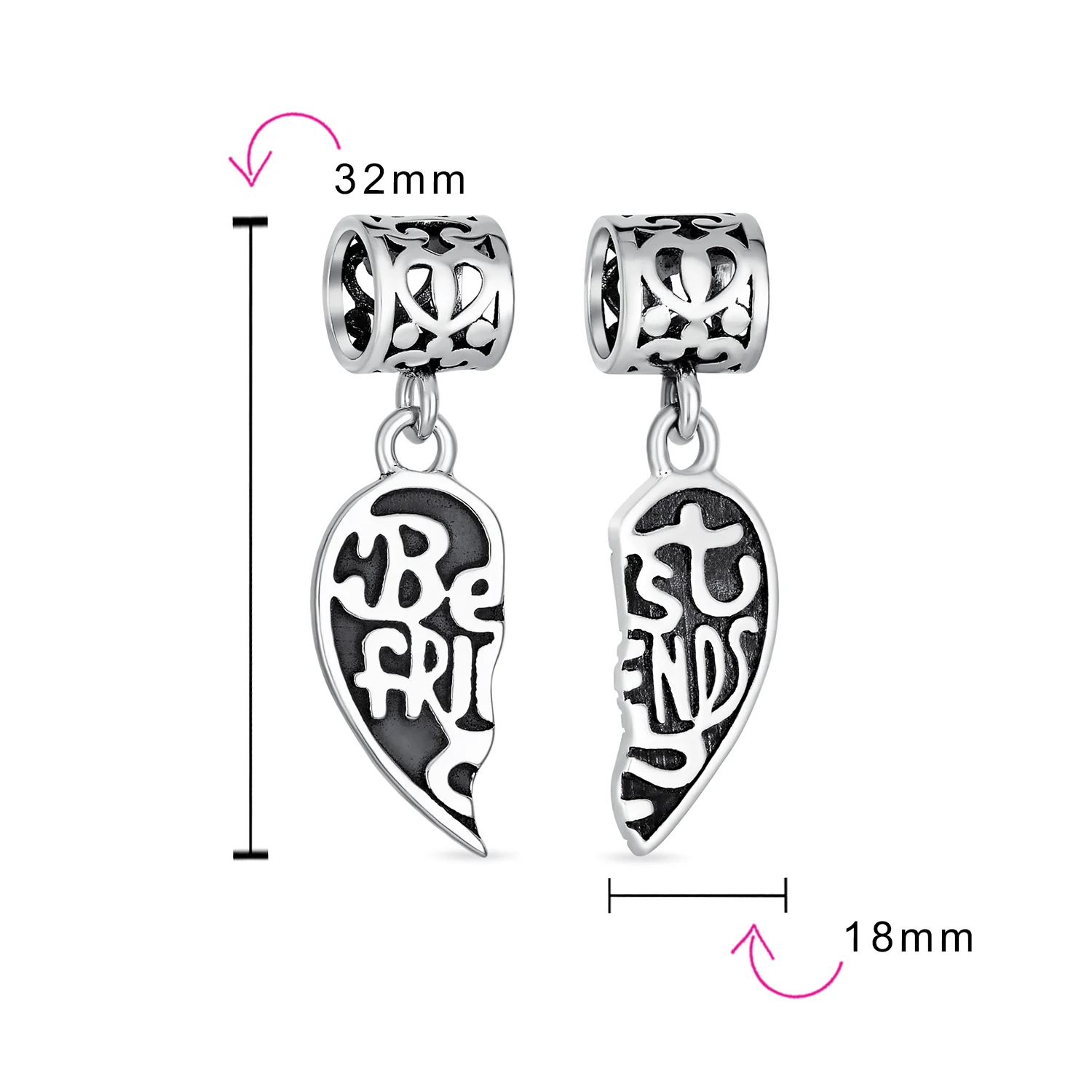 BFF Forever Best Friends Heart Dangle Charm Bead Silver - Image 3