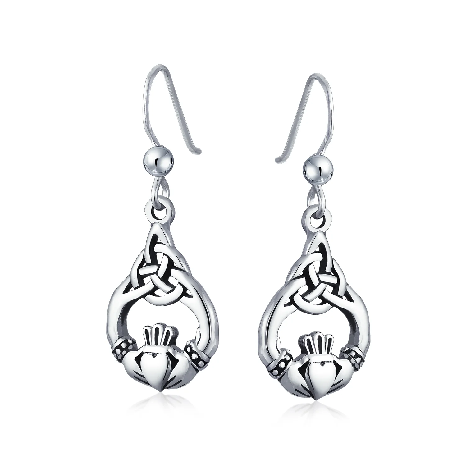Friendship Love Symbol Celtic Claddagh Heart Dangle Earrings Oxidized .925 Sterling Silver