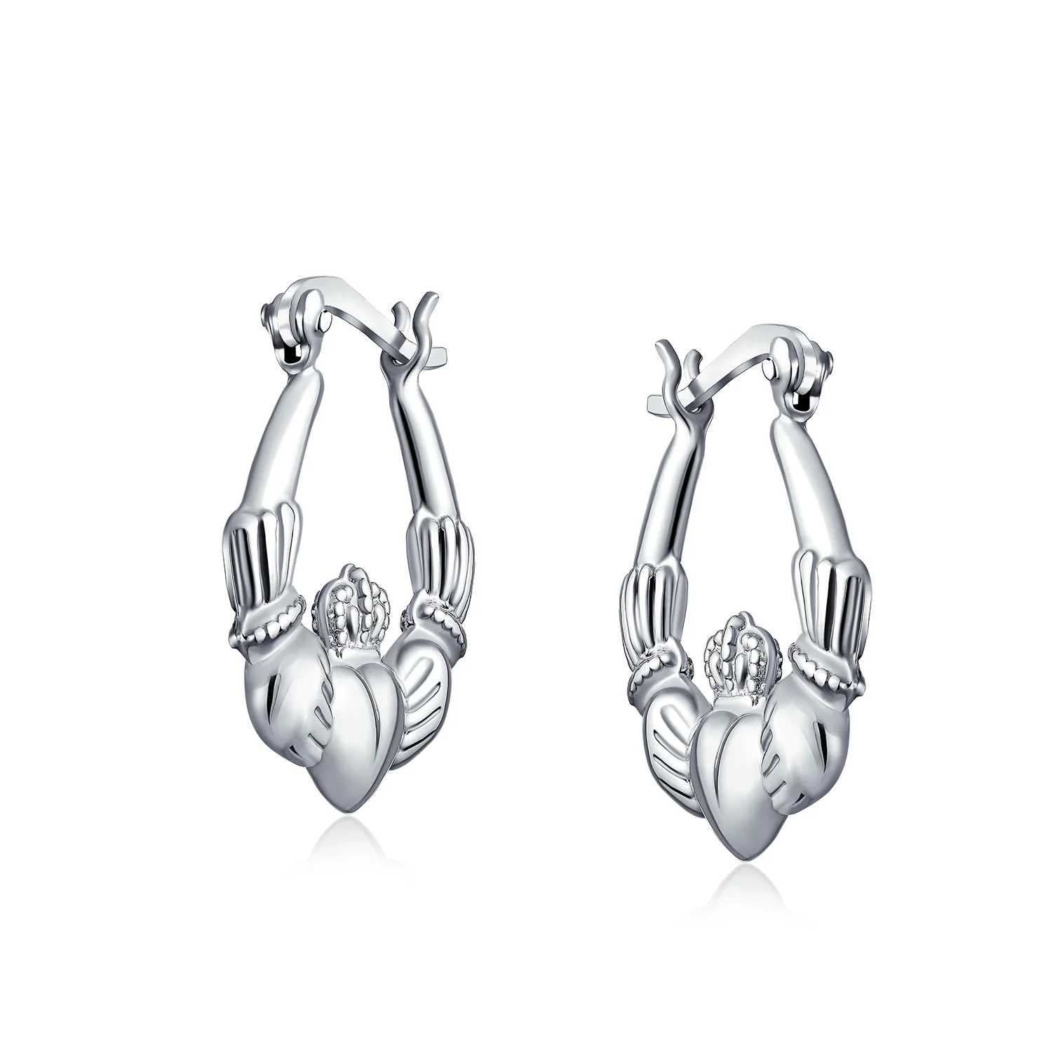 BFF Love Heart Celtic Claddagh Hoop Huggie Earrings Silver - Image 2