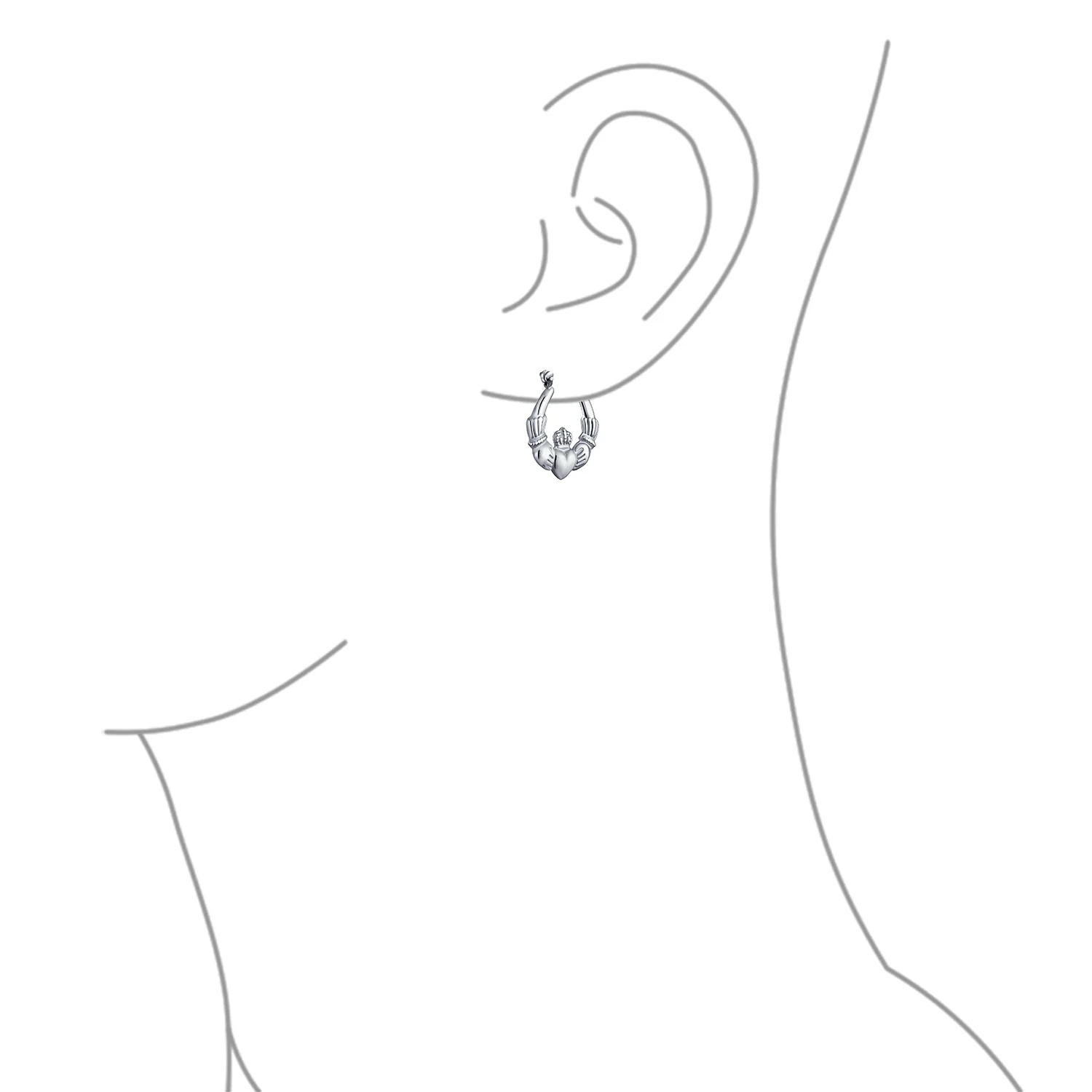 BFF Love Heart Celtic Claddagh Hoop Huggie Earrings Silver - Image 3