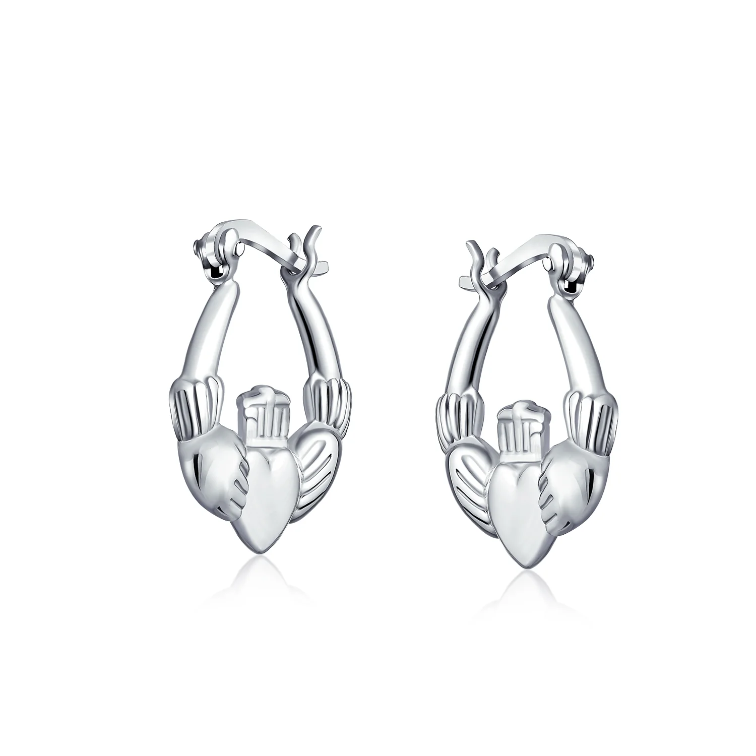 BFF Love Heart Celtic Claddagh Hoop Huggie Earrings Silver - Image 2
