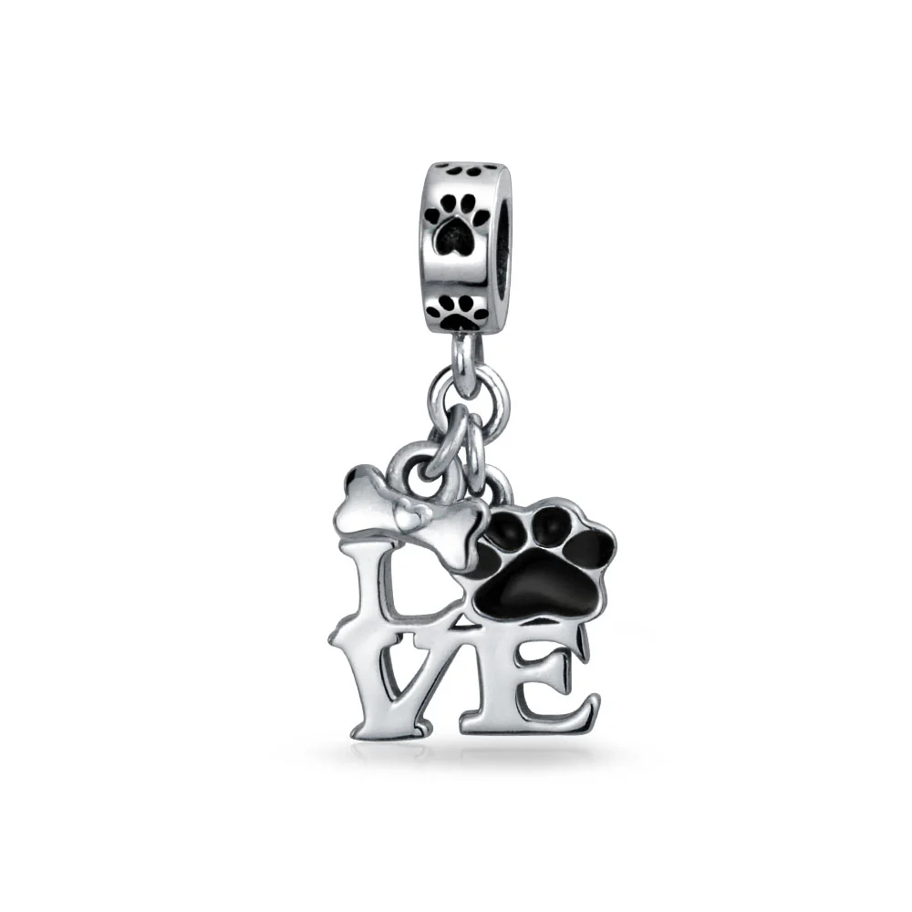 BFF Pet Lover Black Dog Cat Paw Print Dangle Charm Bead