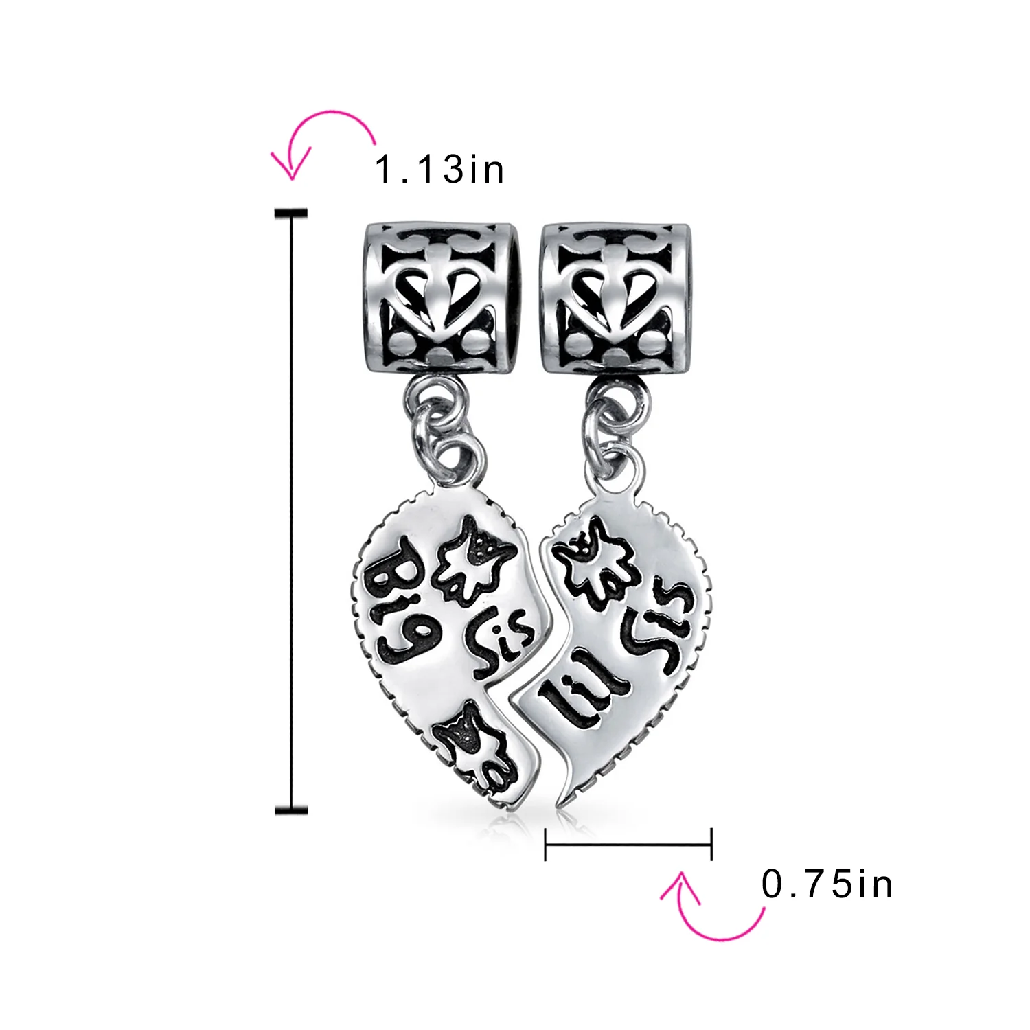 BFF SIS Little SIS 2 Pc Split Heart Charm Bead Sterling Silver for European Bracelet - Image 5