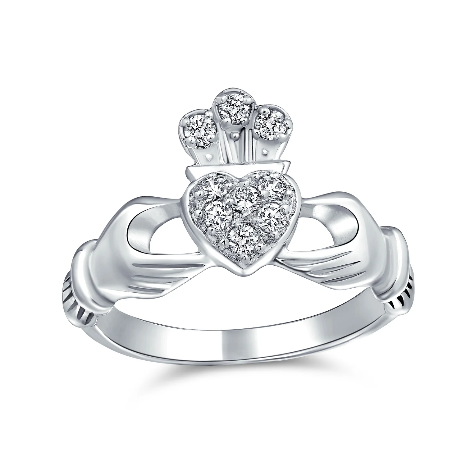 Claddagh Friendship Ring CZ Pave Heart BFF Sorority Statement .925 Sterling Silver