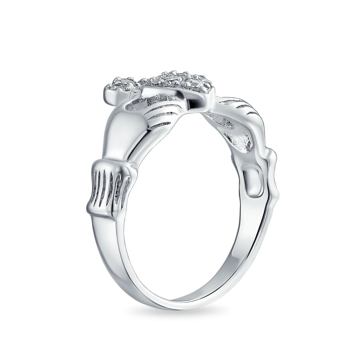 Claddagh Friendship Ring CZ Pave Heart BFF Sorority Statement .925 Sterling Silver - Image 2