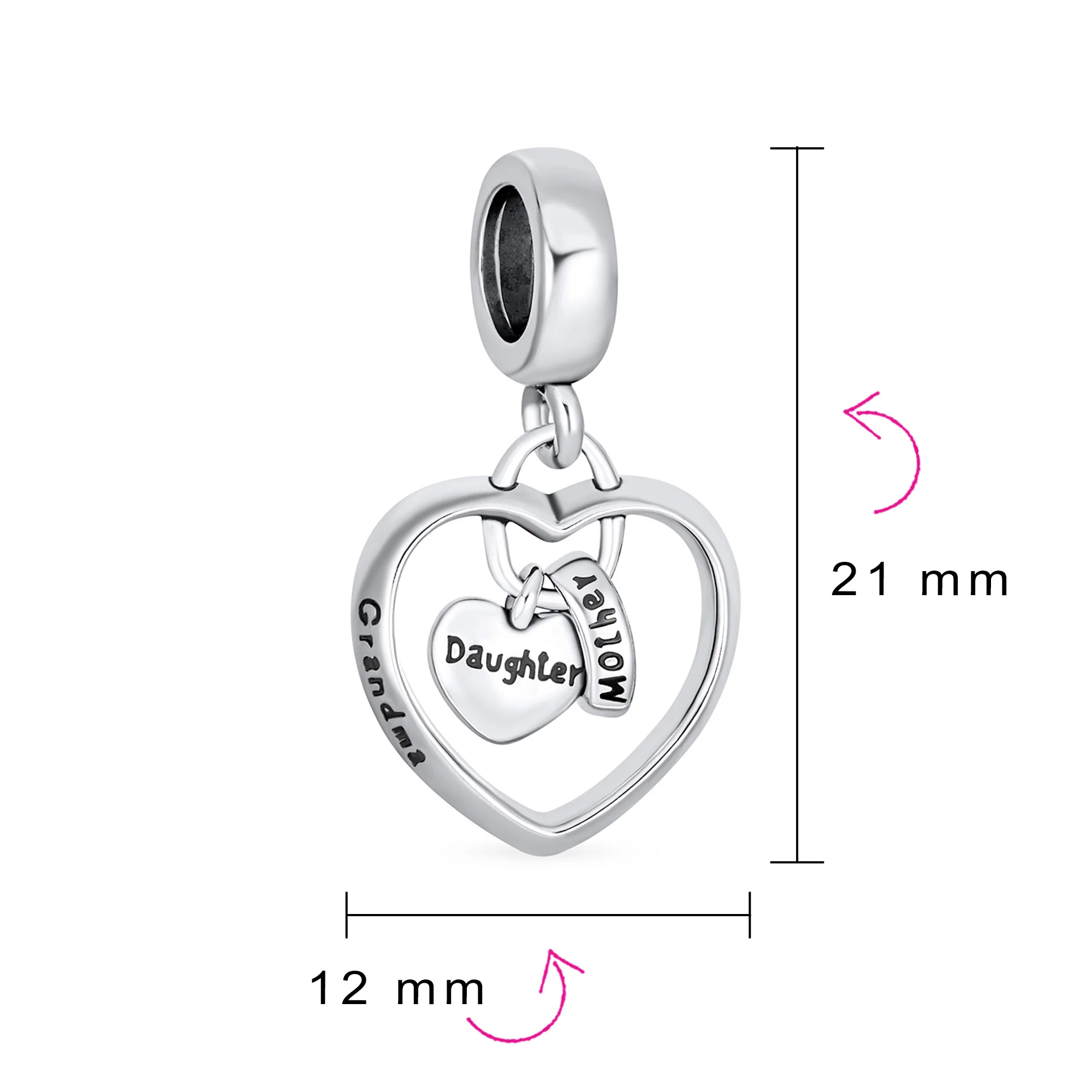 BFF Trio Hearts Dangle Charm Bead Grandma Sterling Silver - Image 4
