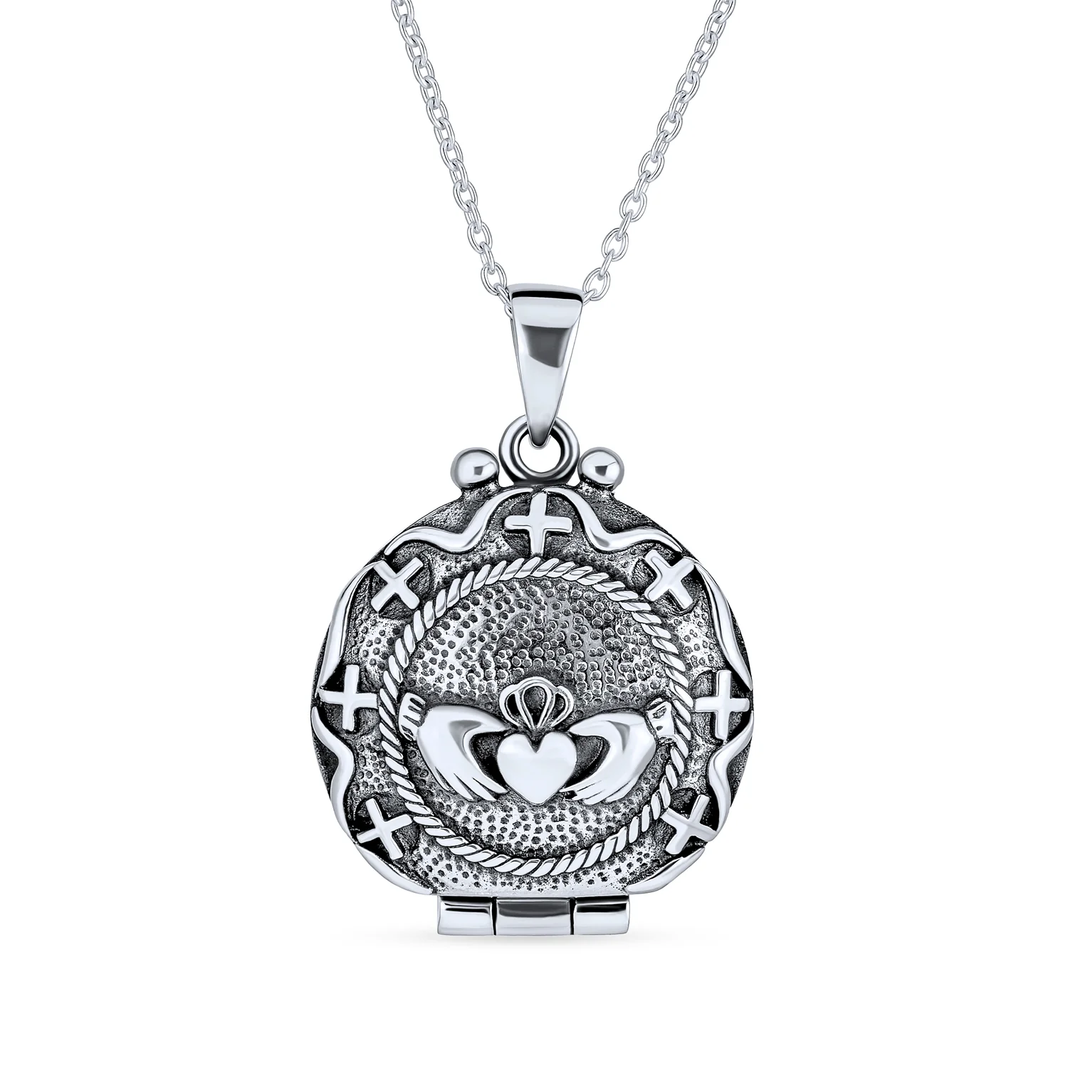 Vintage Style Celtic Round Claddagh Locket Necklace Pendant .925 Sterling Silver