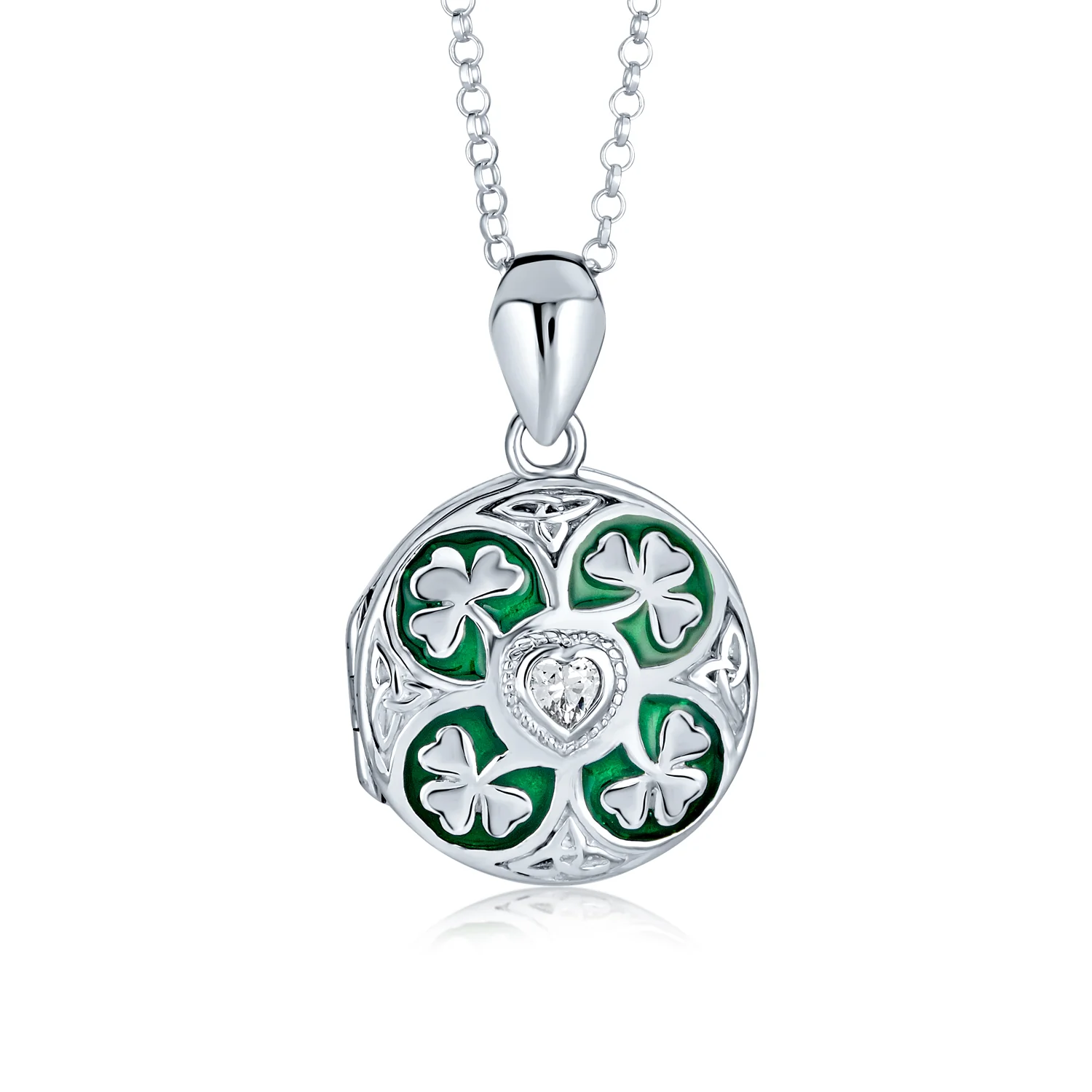 Celtic Lucky Clover Keepsake Photo Locket Necklace Round Lucky Green Enamel .925 Sterling Silver
