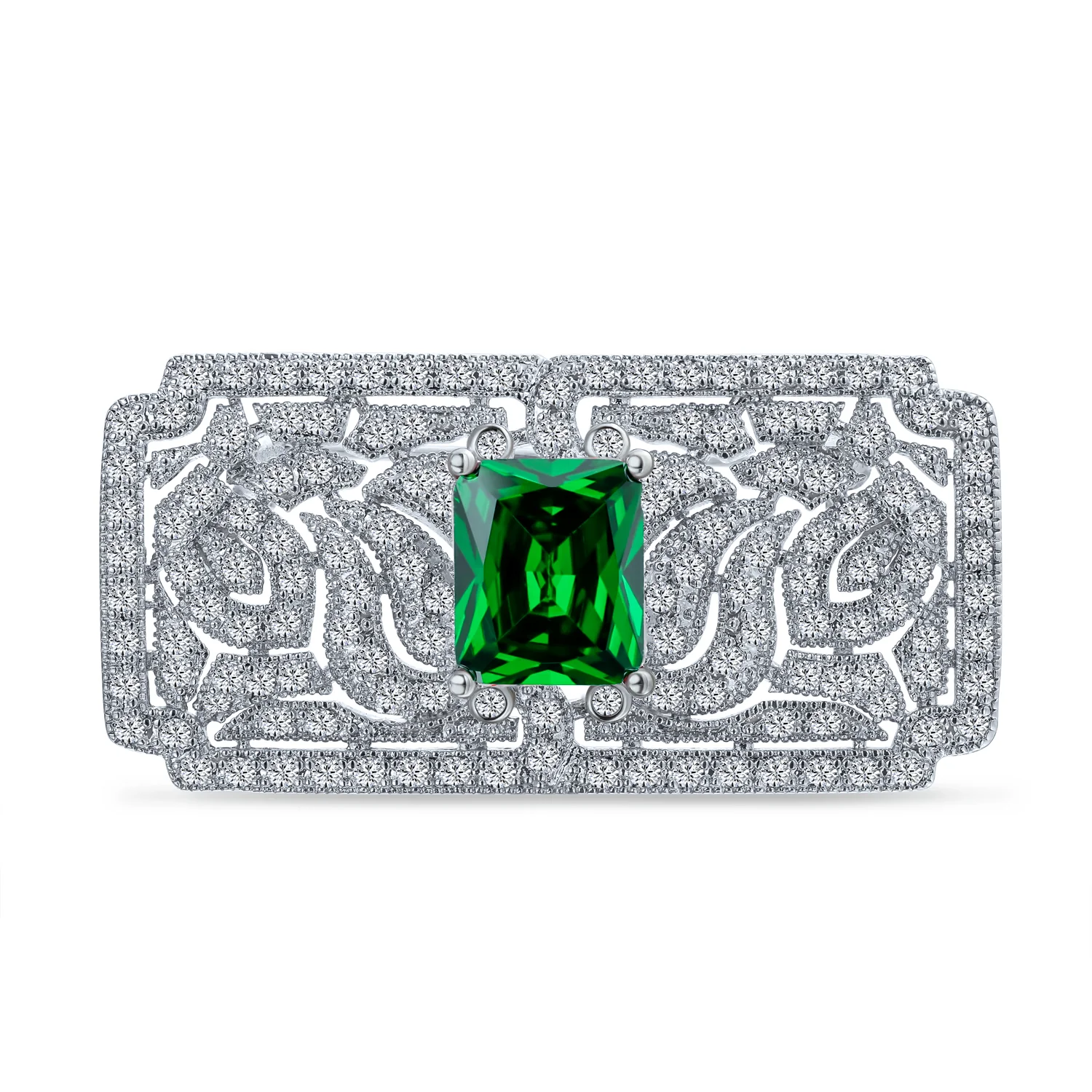 Art Deco Style Filigree Emerald Green Cubic Zirconia CZ Rectangle Cocktail Lapel Scarf Brooch Pin