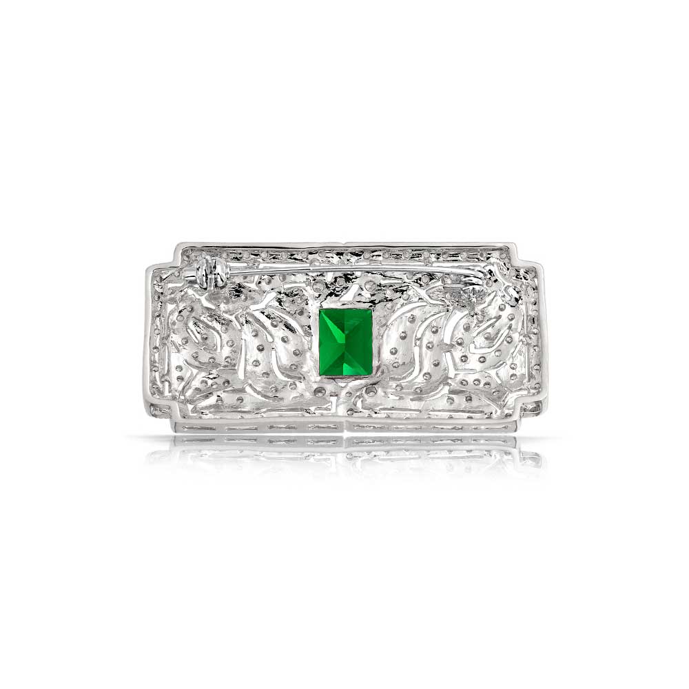 Art Deco Style Filigree Emerald Green Cubic Zirconia CZ Rectangle Cocktail Lapel Scarf Brooch Pin - Image 3