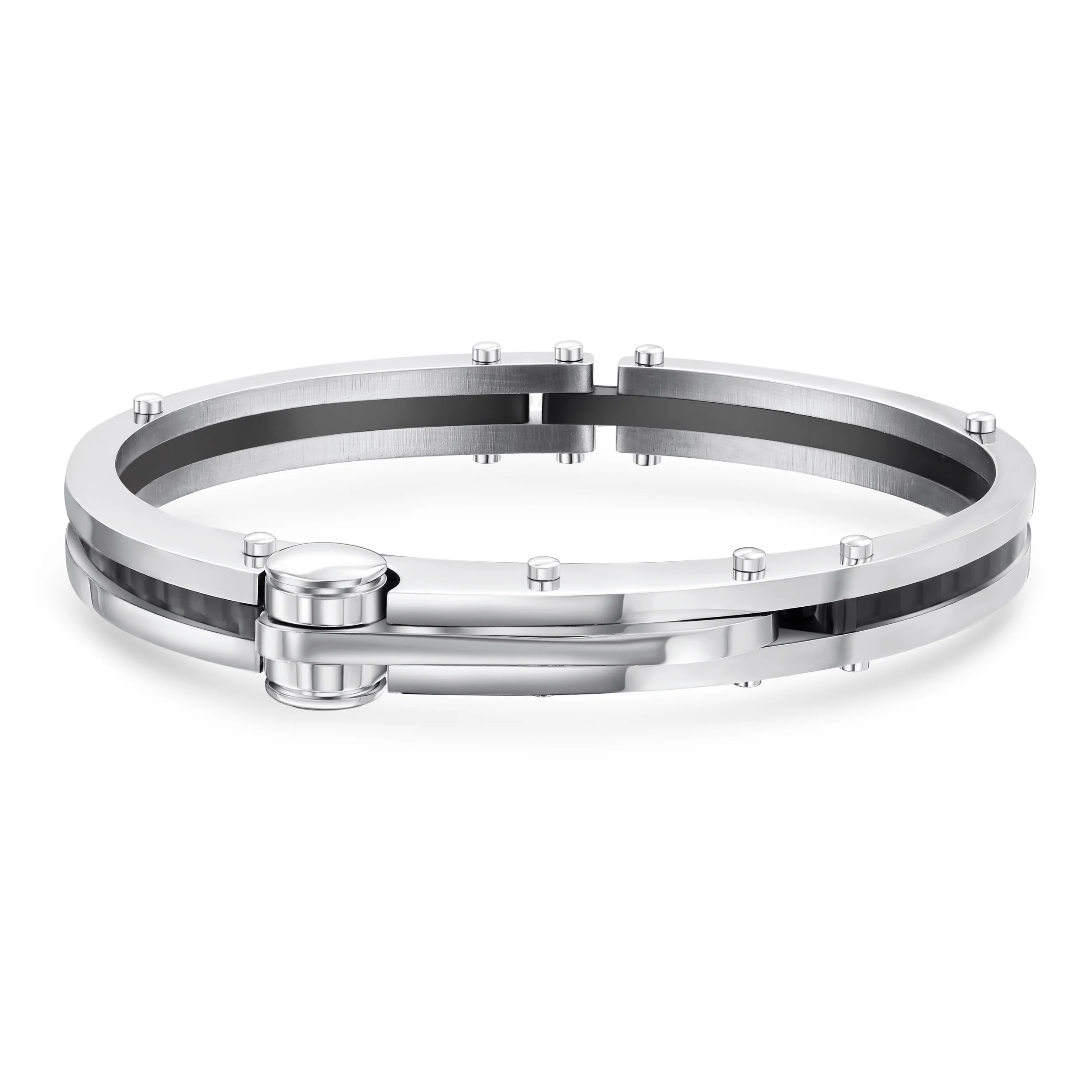 Biker Handcuff Bracelet Bangle Black Inlay Stainless Steel - Image 2