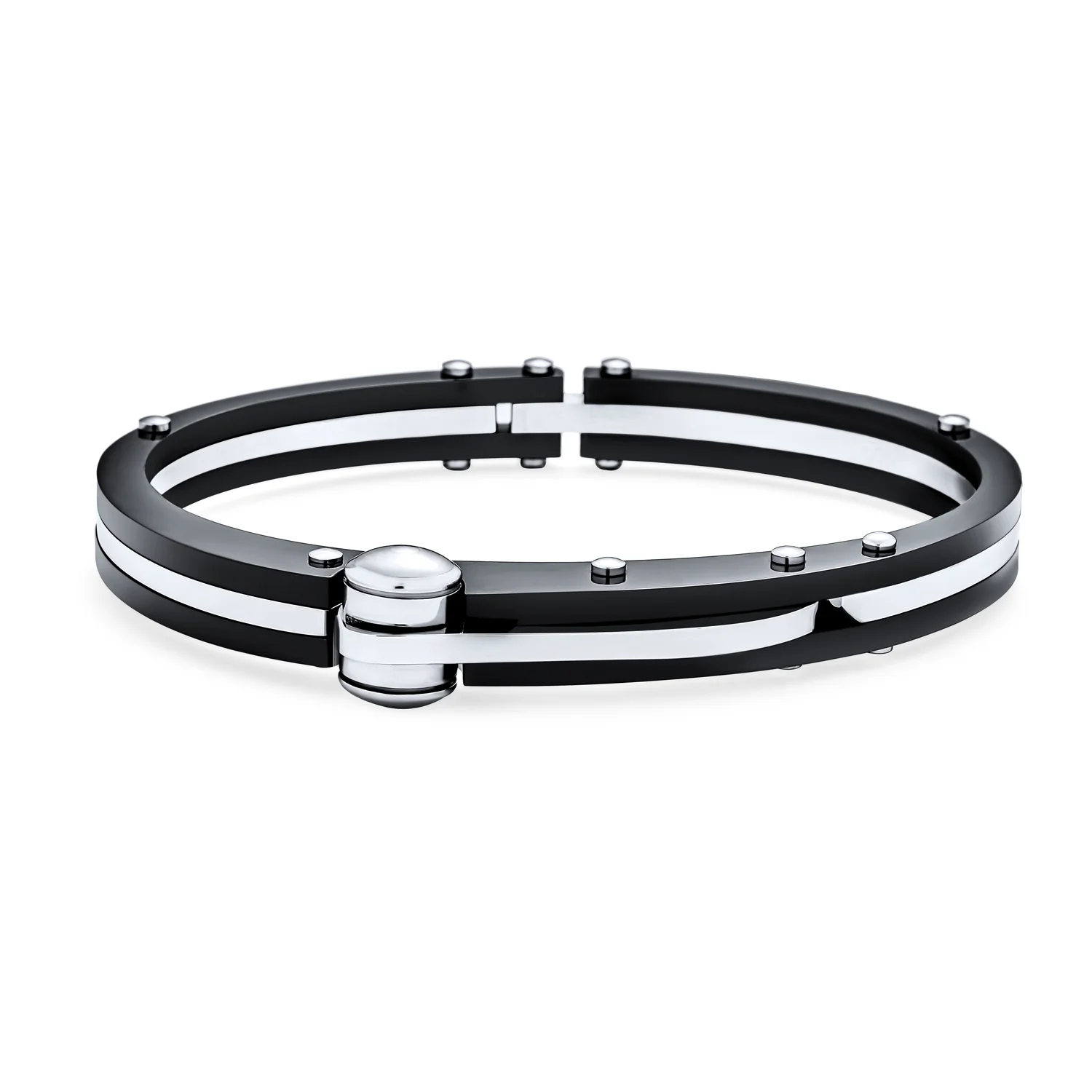 Biker Handcuff Bracelet Bangle Black Inlay Stainless Steel - Image 3