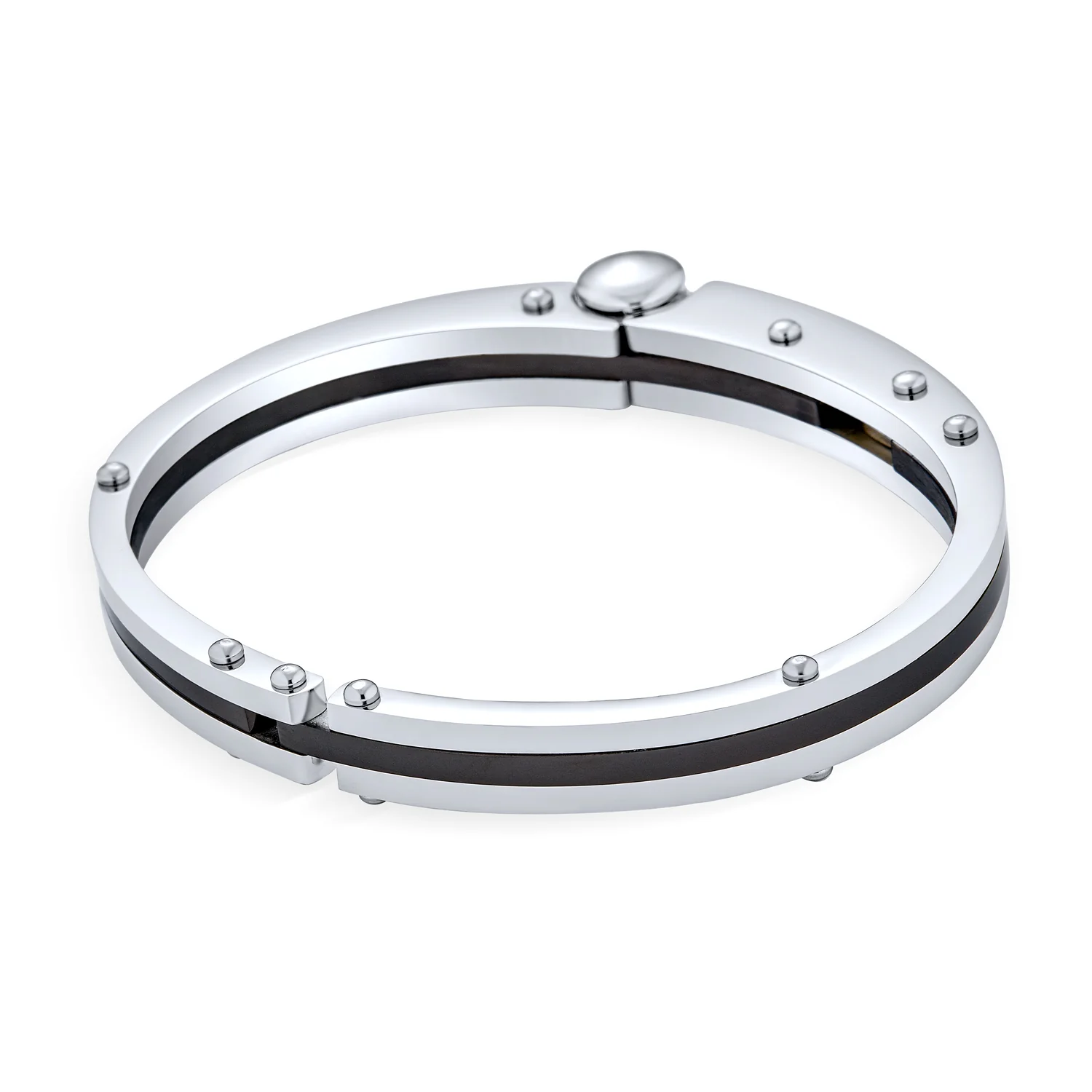 Biker Handcuff Bracelet Bangle Black Inlay Stainless Steel - Image 4