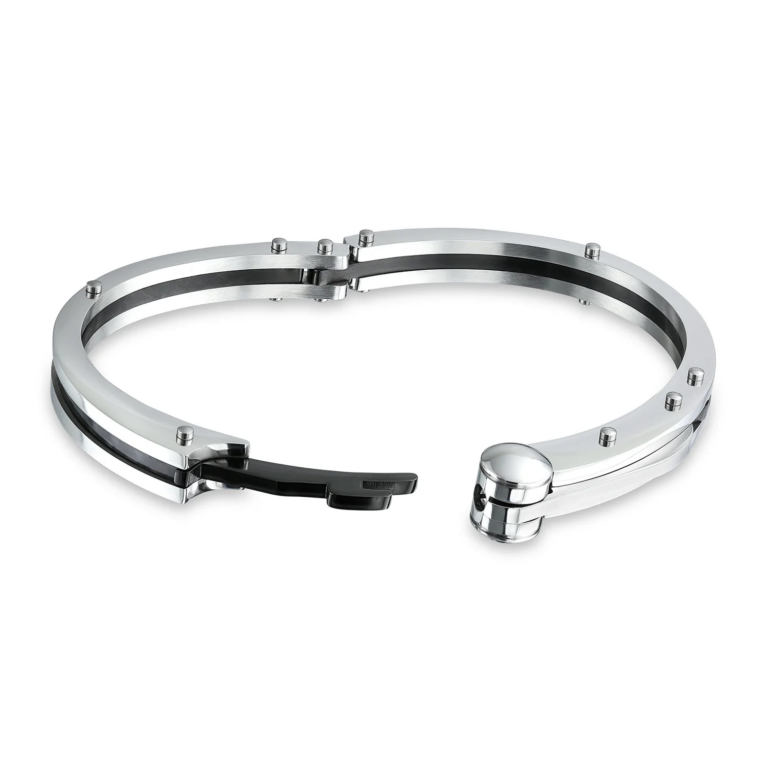 Biker Handcuff Bracelet Bangle Black Inlay Stainless Steel - Image 8