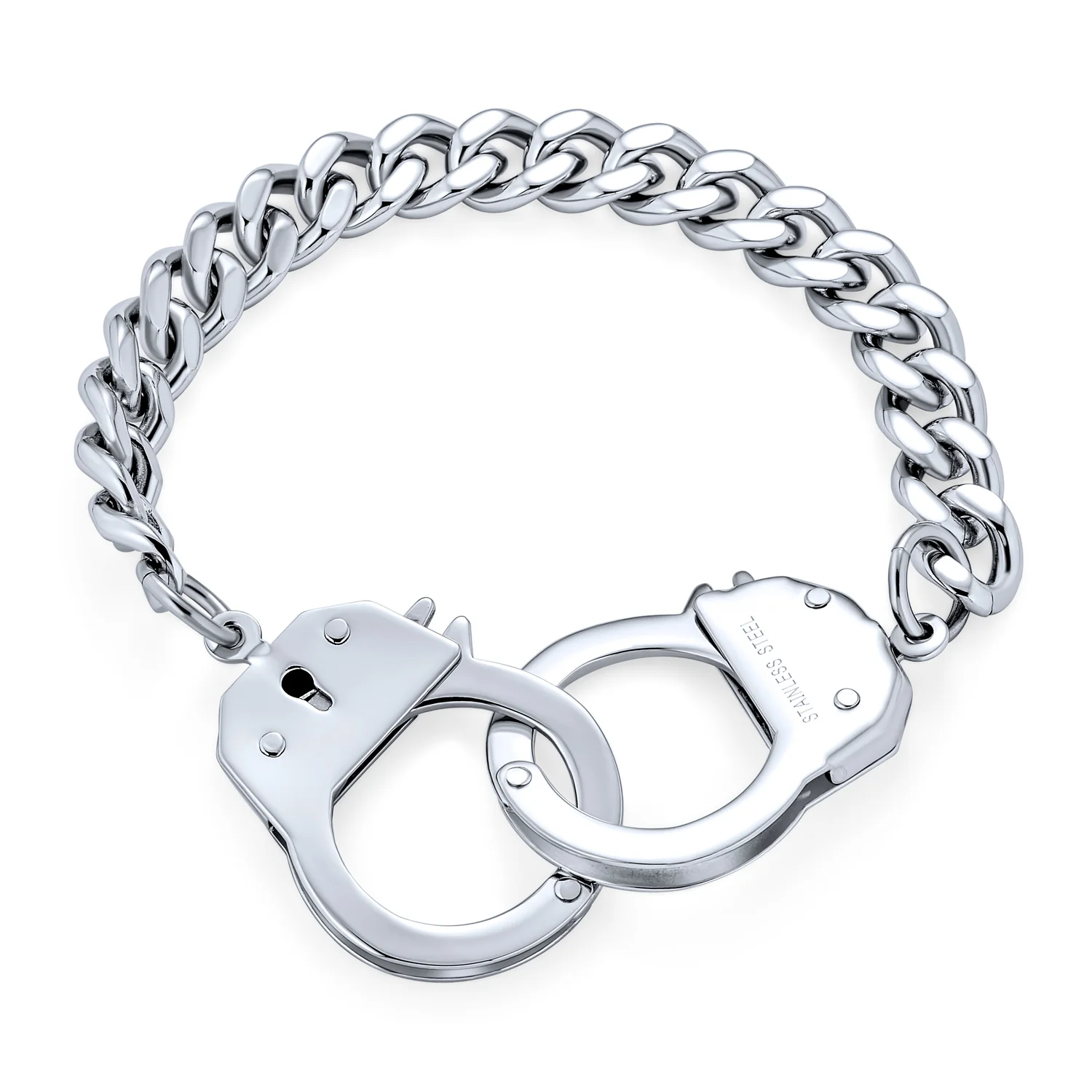 Biker Jewelry Couples Handcuff Statement Bracelet Cuban Curb Chain Stainless Steel 8, 8.5 Inch
