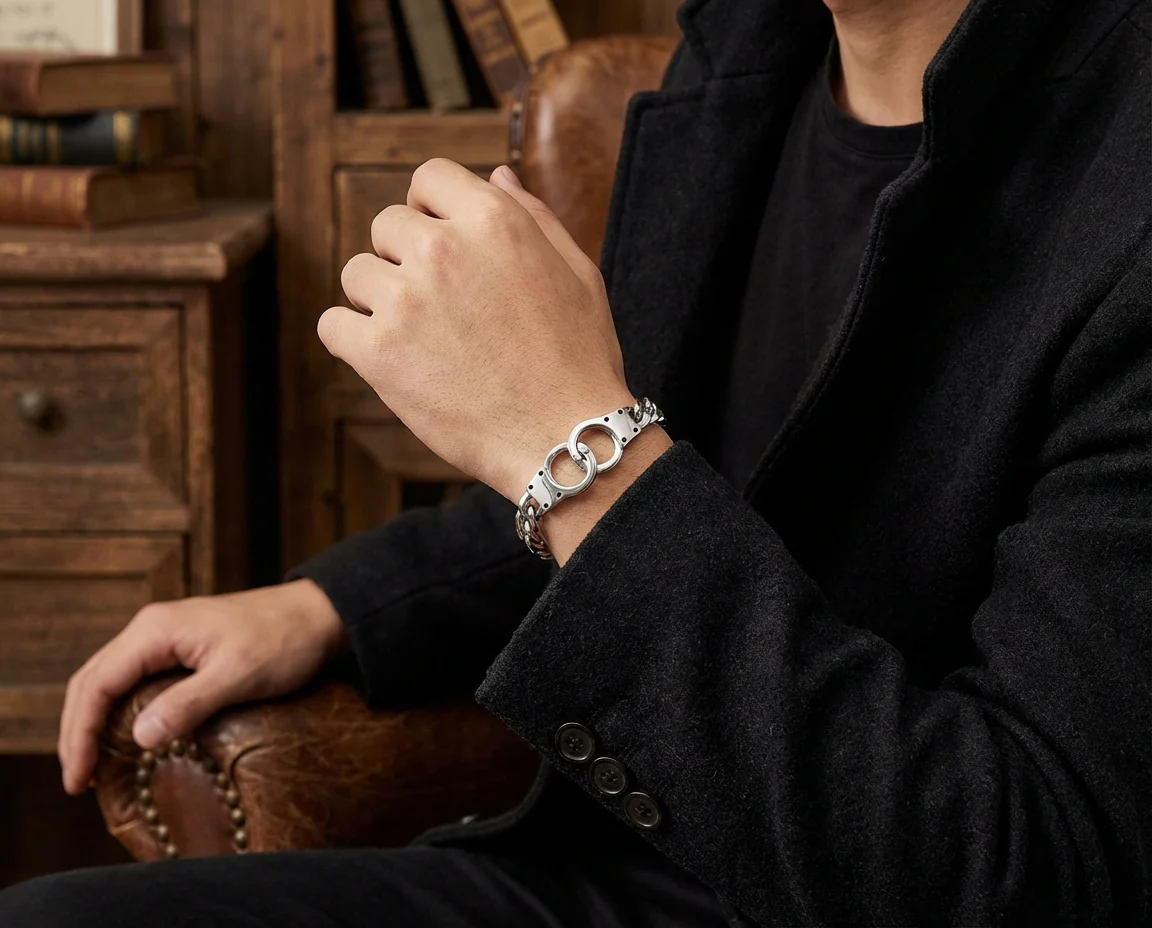 Biker Interlocking Handcuff Padlock Curb Chain Bracelet - Image 4