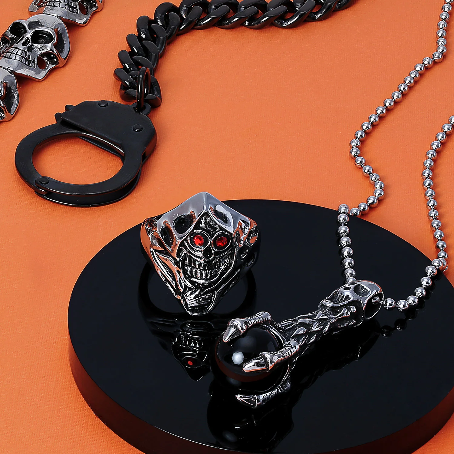 Biker Jewelry Handcuff Statement Bracelet Curb Chain Black Stainless Steel