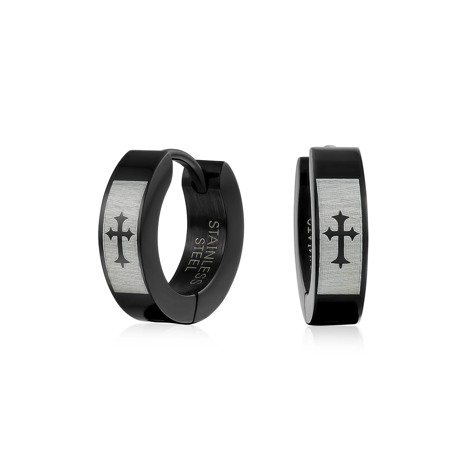 Biker Jewelry Earrings Fleur De Lis Cross Black Huggie Hoop