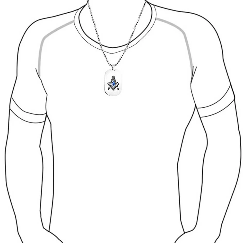 Men's Freemason Dog Tag Pendant Necklace Masonic Compass Black Blue Silver Tone Stainless Steel - Image 4