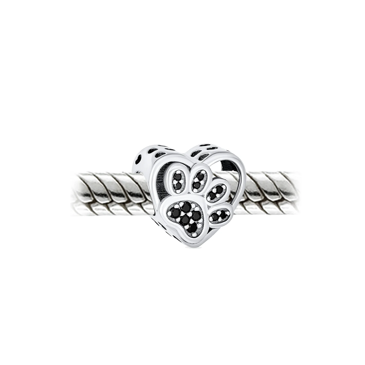 Black CZ Heart Paw Print Charm Bead for Pet Lovers - Image 3
