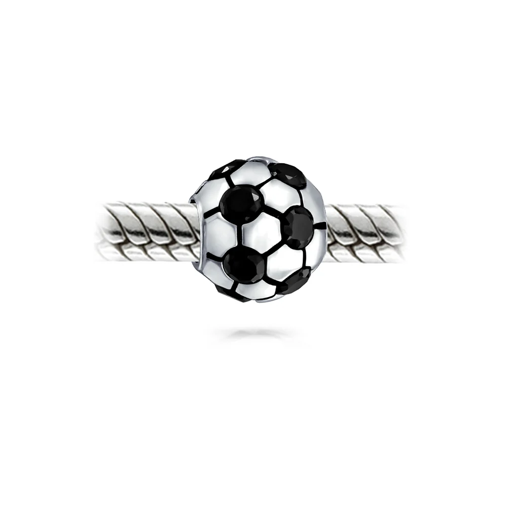 Black CZ Soccer Ball Mom Football Player Charm Bead Silver - Image 2