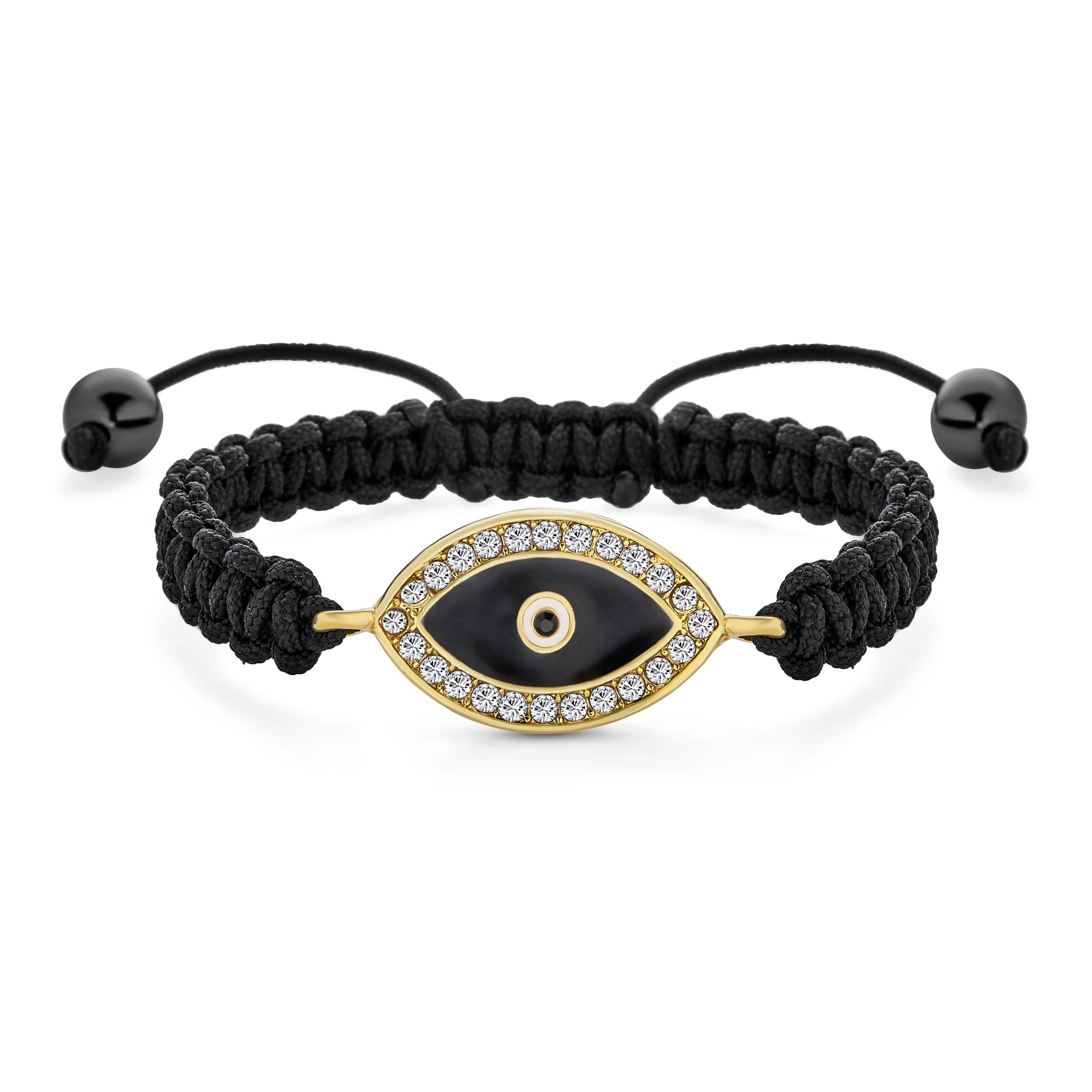 Black Braided Cord Evil Eye Bolo Bracelet Adjustable Gold Plated Crystal Accent