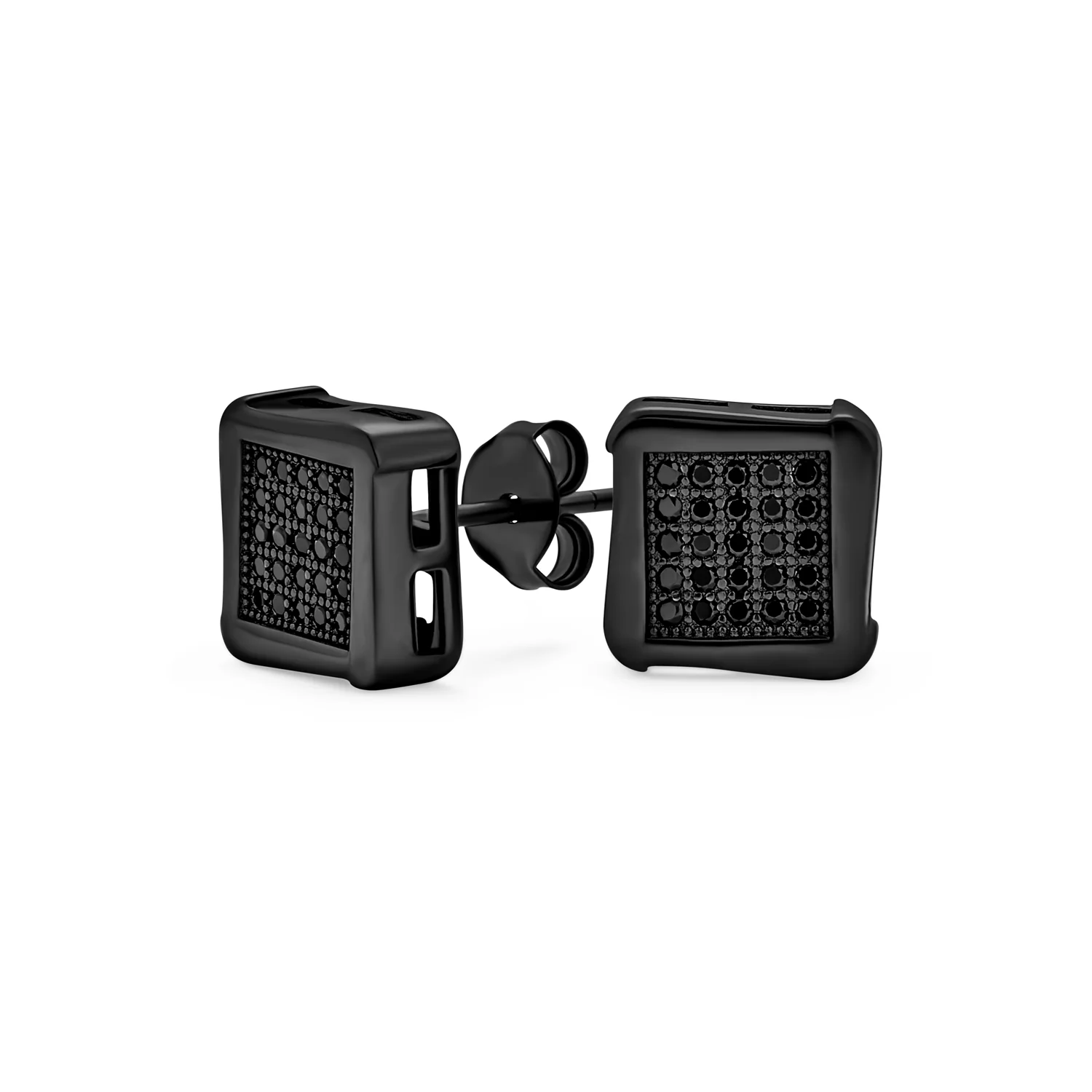Black Geometric Square CZ Stud Earrings Men Silver