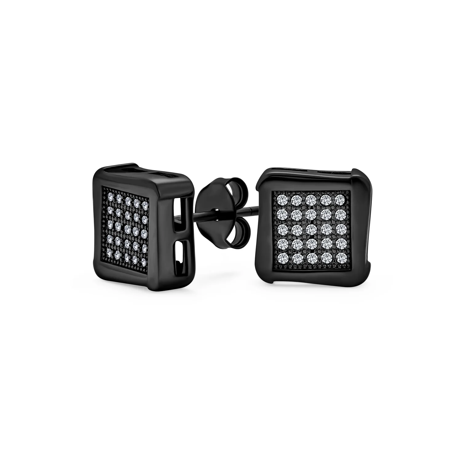 Black Geometric Square CZ Stud Earrings Men Silver - Image 2