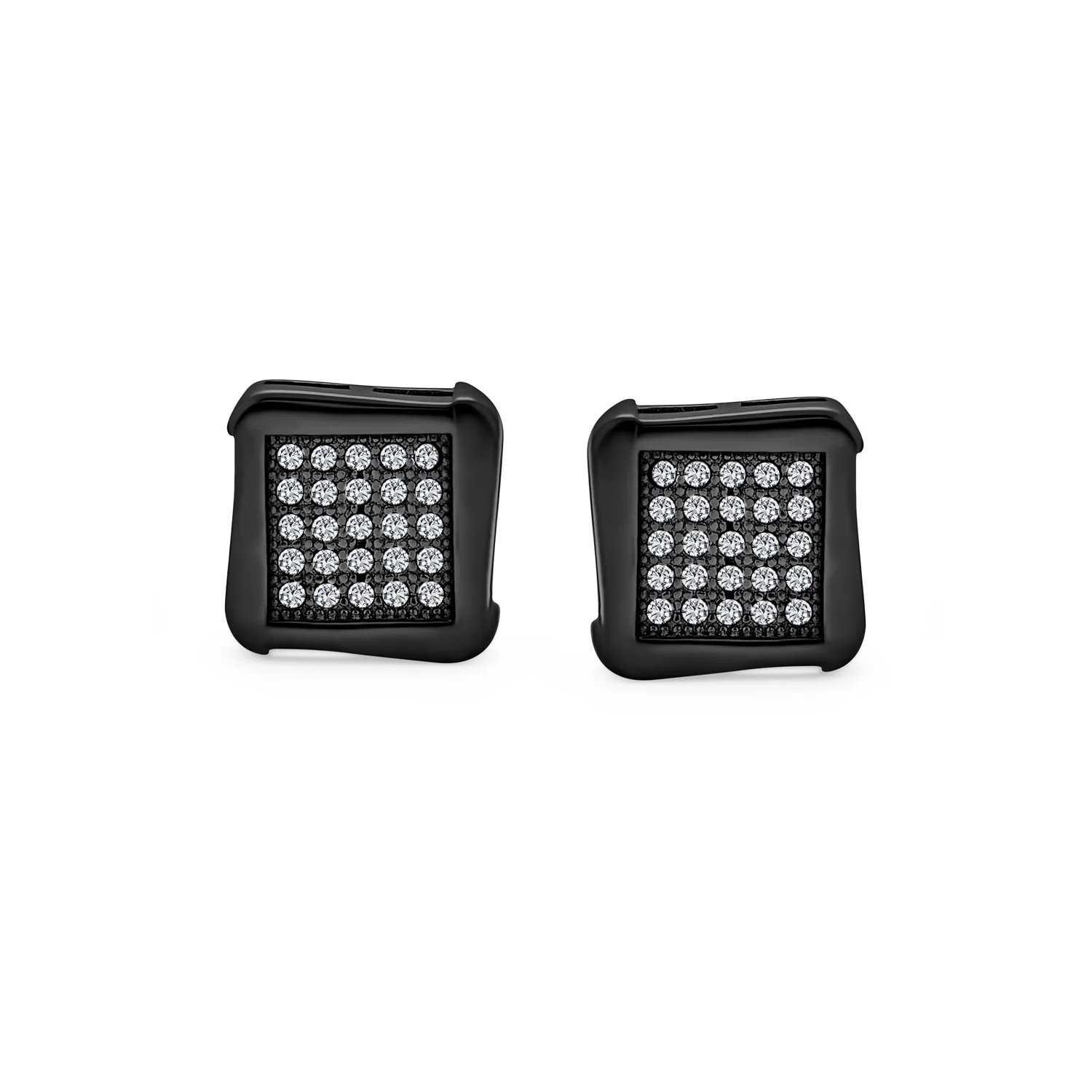 Black Geometric Square CZ Stud Earrings Men Silver - Image 4