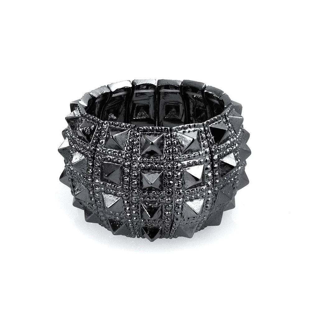 Black Grey Goth Biker Stretch Bracelet Wide Cuff Punk Rock