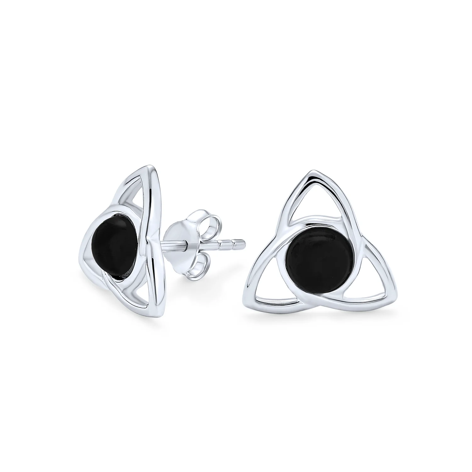 Black Onyx Amber Gemstone Trinity Knot Stud Earrings Silver
