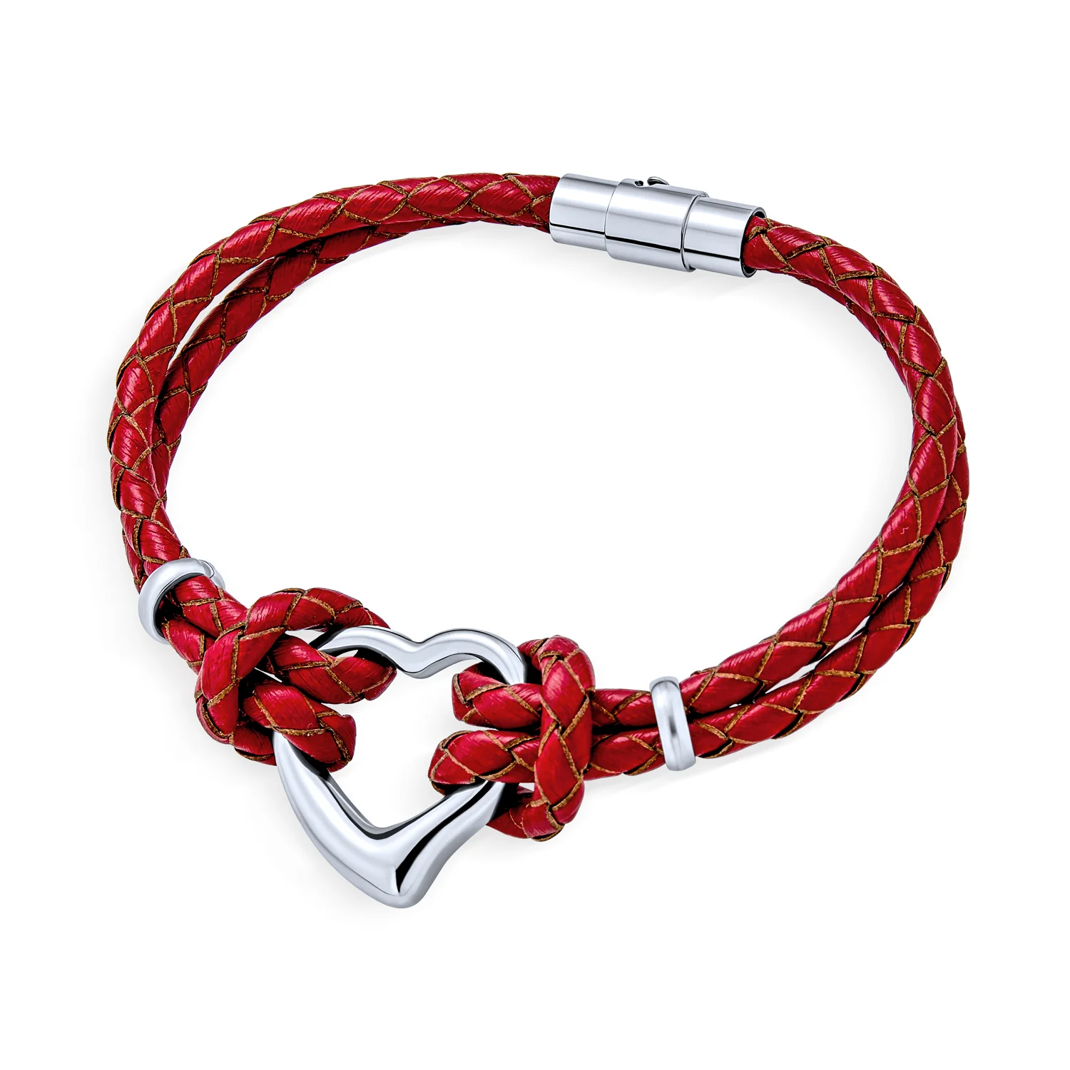 Heart Braided Cord Multi Strand Leather Bracelet Silver - Image 2