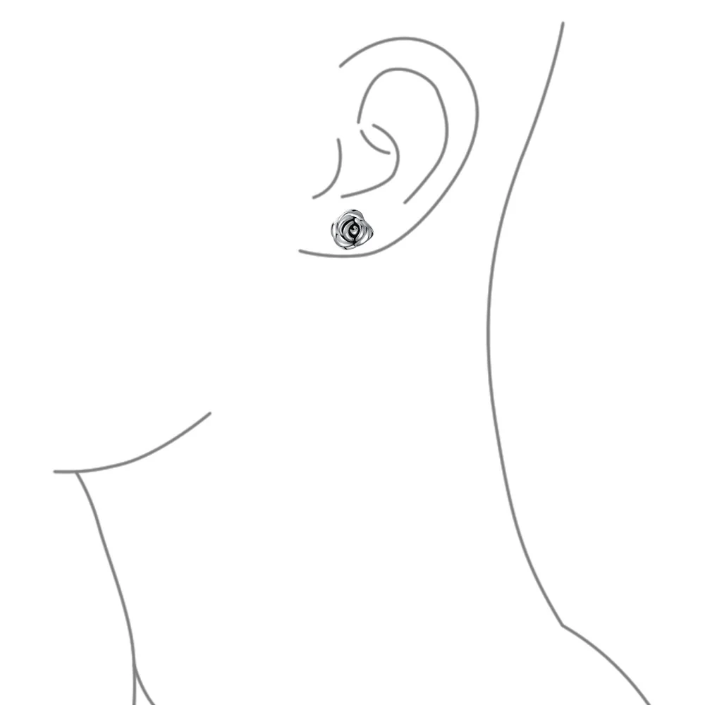 Black Rose Stud Earrings 3D Garden Flower Oxidized Silver - Image 3