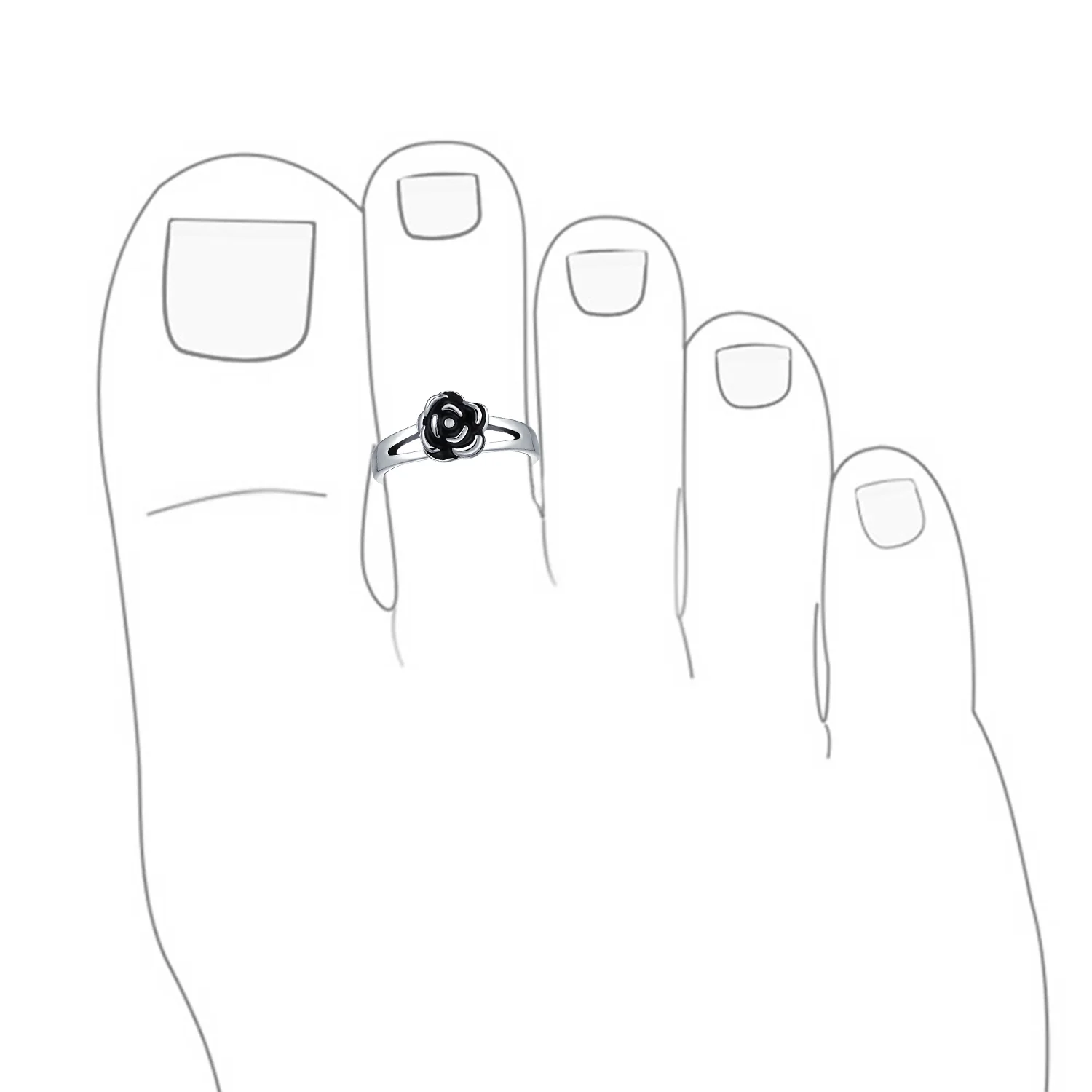 Black Rose Flower Midi Toe Ring Oxidized Silver Band - Image 2