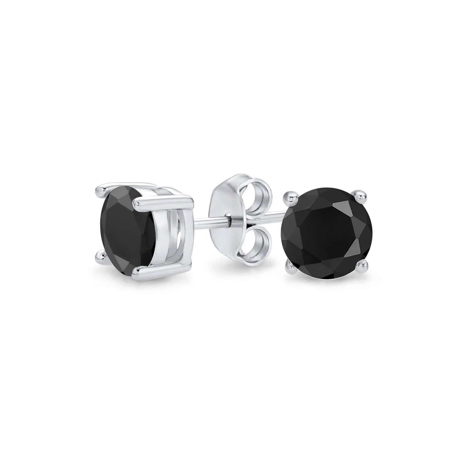 Black Round CZ Stud Earrings for Men Silver Solitaire Cut