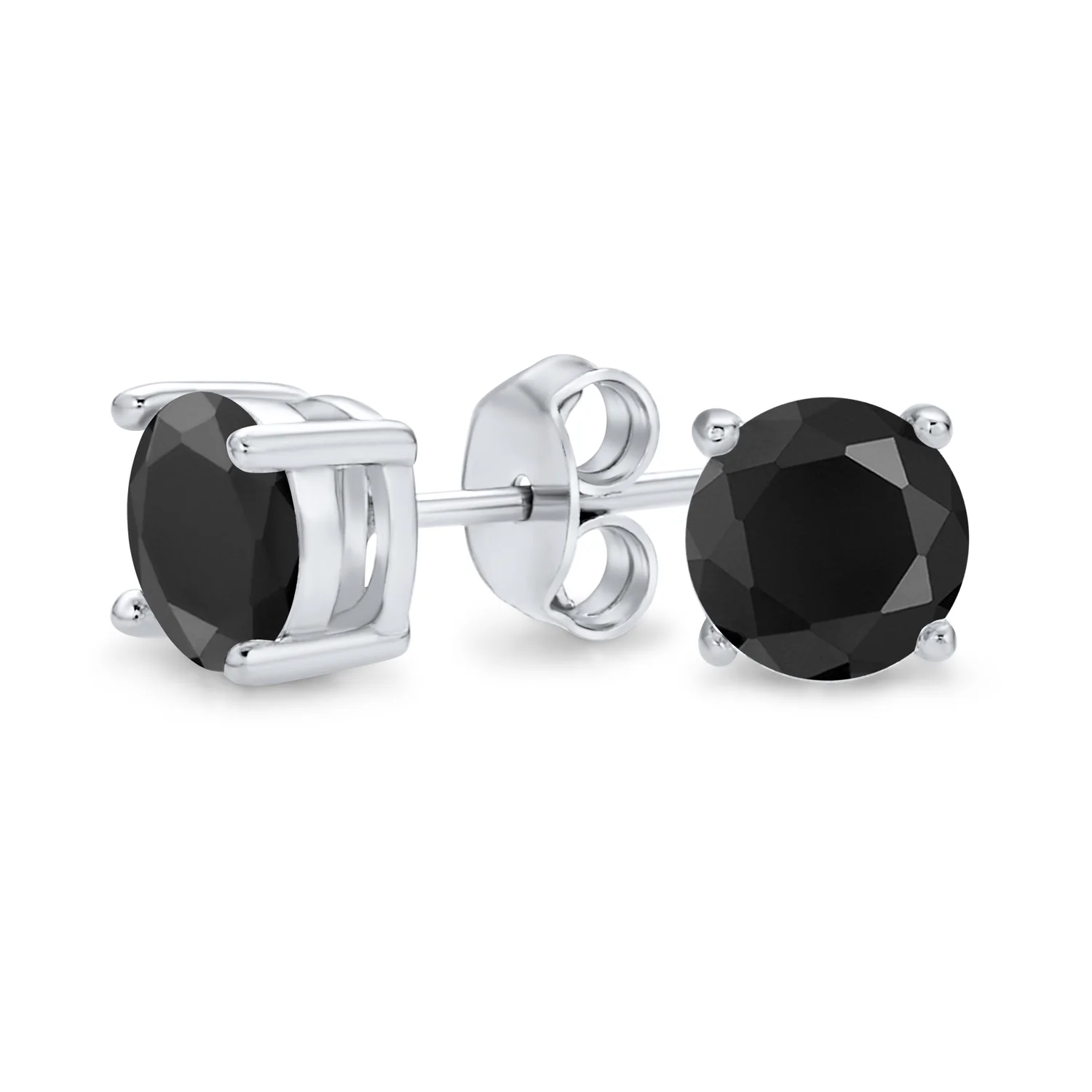 Black Round CZ Stud Earrings for Men Silver Solitaire Cut - Image 2