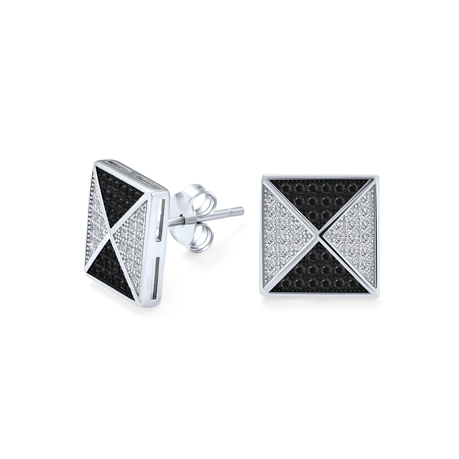 Black Royal Blue CZ Stud Square Earrings Geometric Pyramid