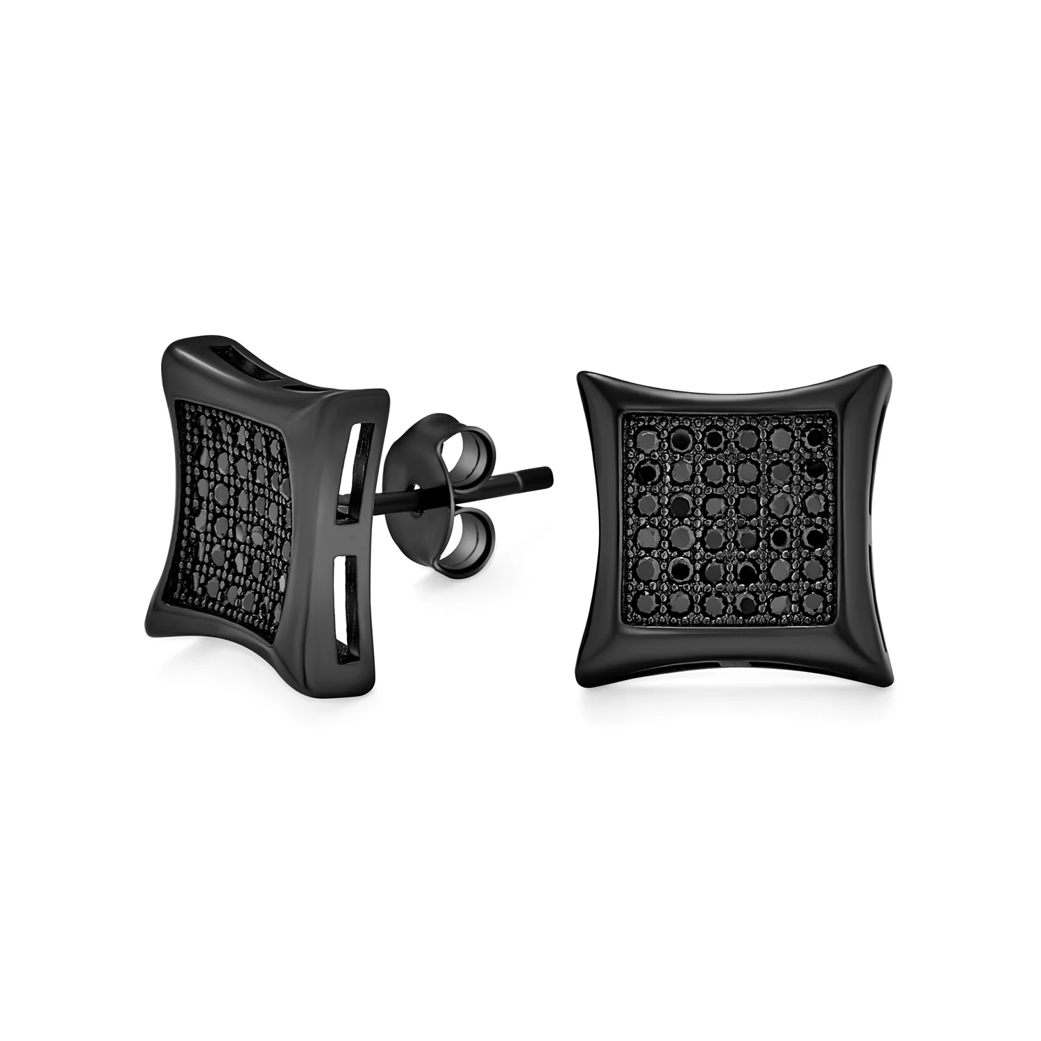 Square Kite Shape Cubic Zirconia Micro Pave CZ Black Stud Earrings .925 Sterling Silver
