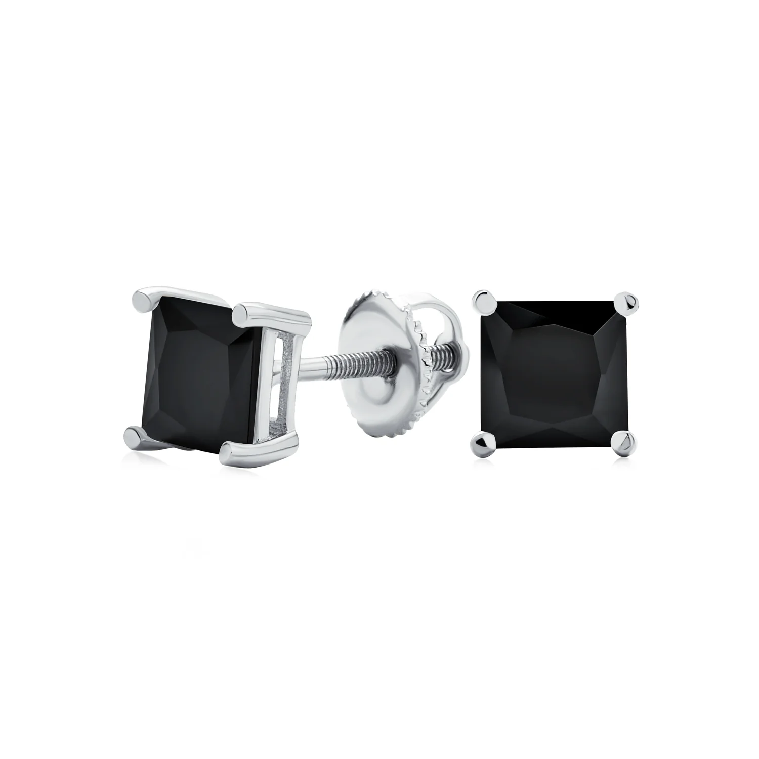 Black Square Cubic Zirconia Princess Cut CZ Stud Earrings Screw back .925 Sterling Silver