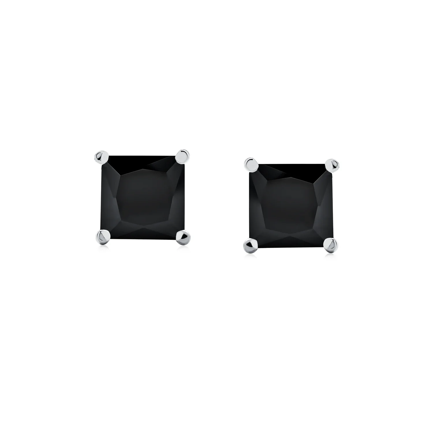 Black Square Cubic Zirconia Princess Cut CZ Stud Earrings Screw back .925 Sterling Silver - Image 2