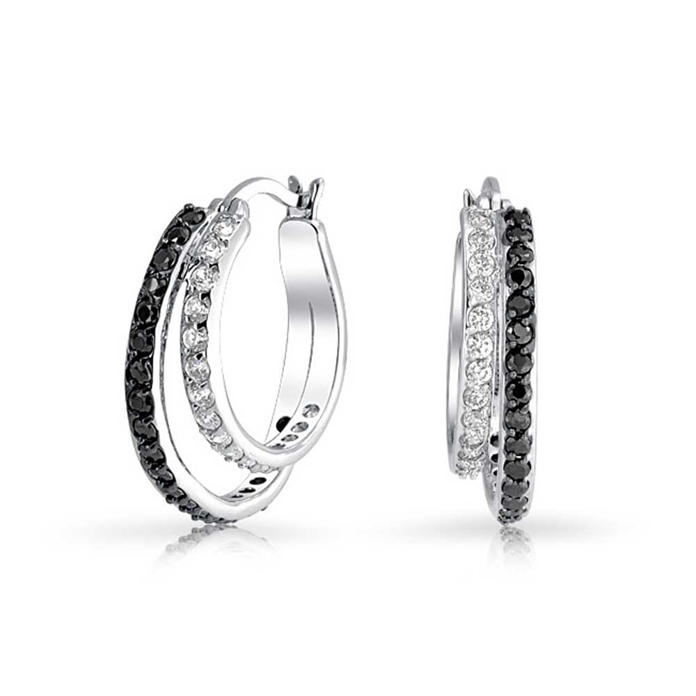 Black White CZ Hoop Earrings Pave Circle Silver Plated