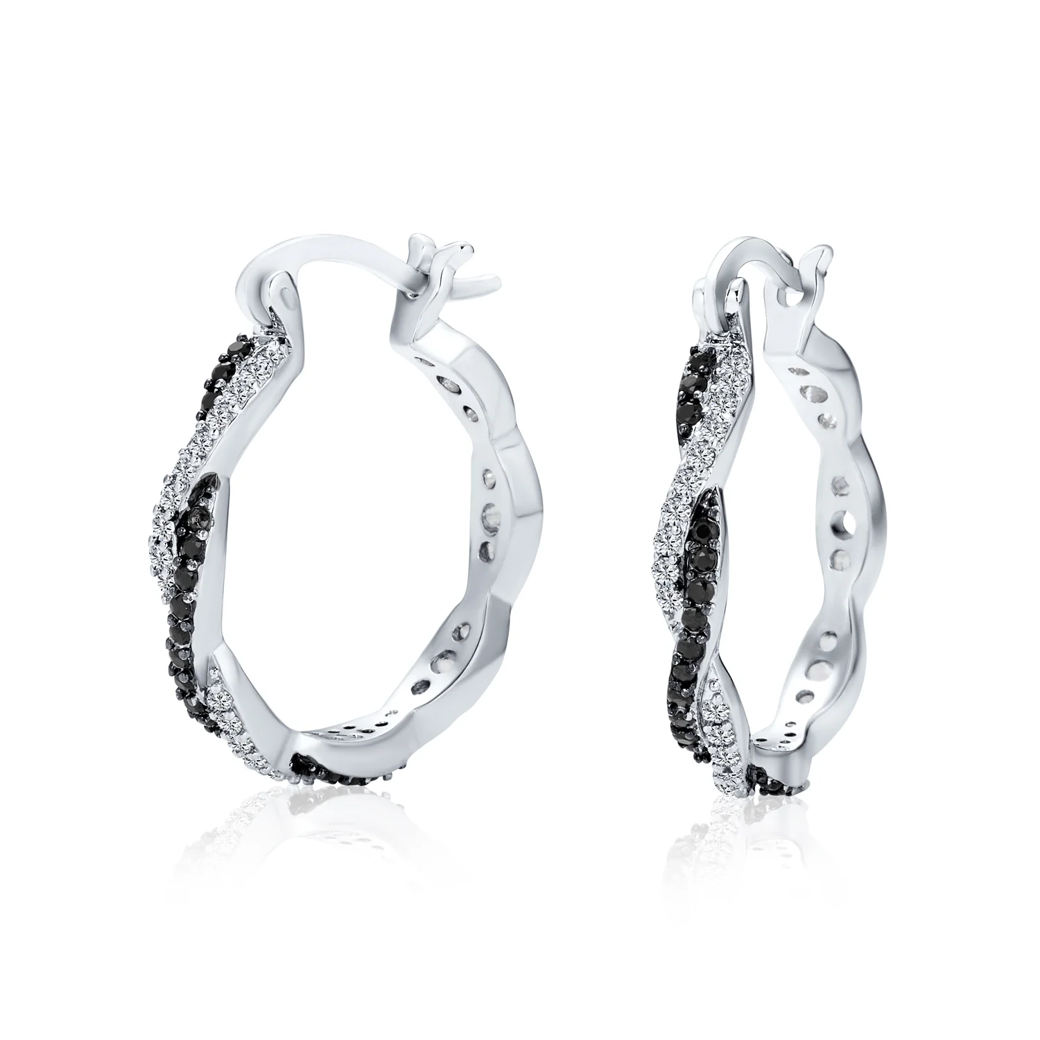 Cubic Zirconia CZ Forever Love Knot Black White Large Infinity Hoop Earrings 1.5 Diameter Silver