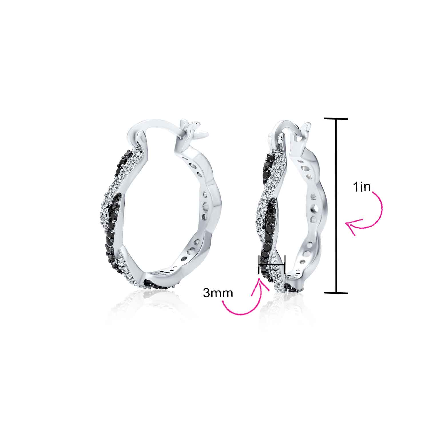 Cubic Zirconia CZ Forever Love Knot Black White Large Infinity Hoop Earrings 1.5 Diameter Silver - Image 4