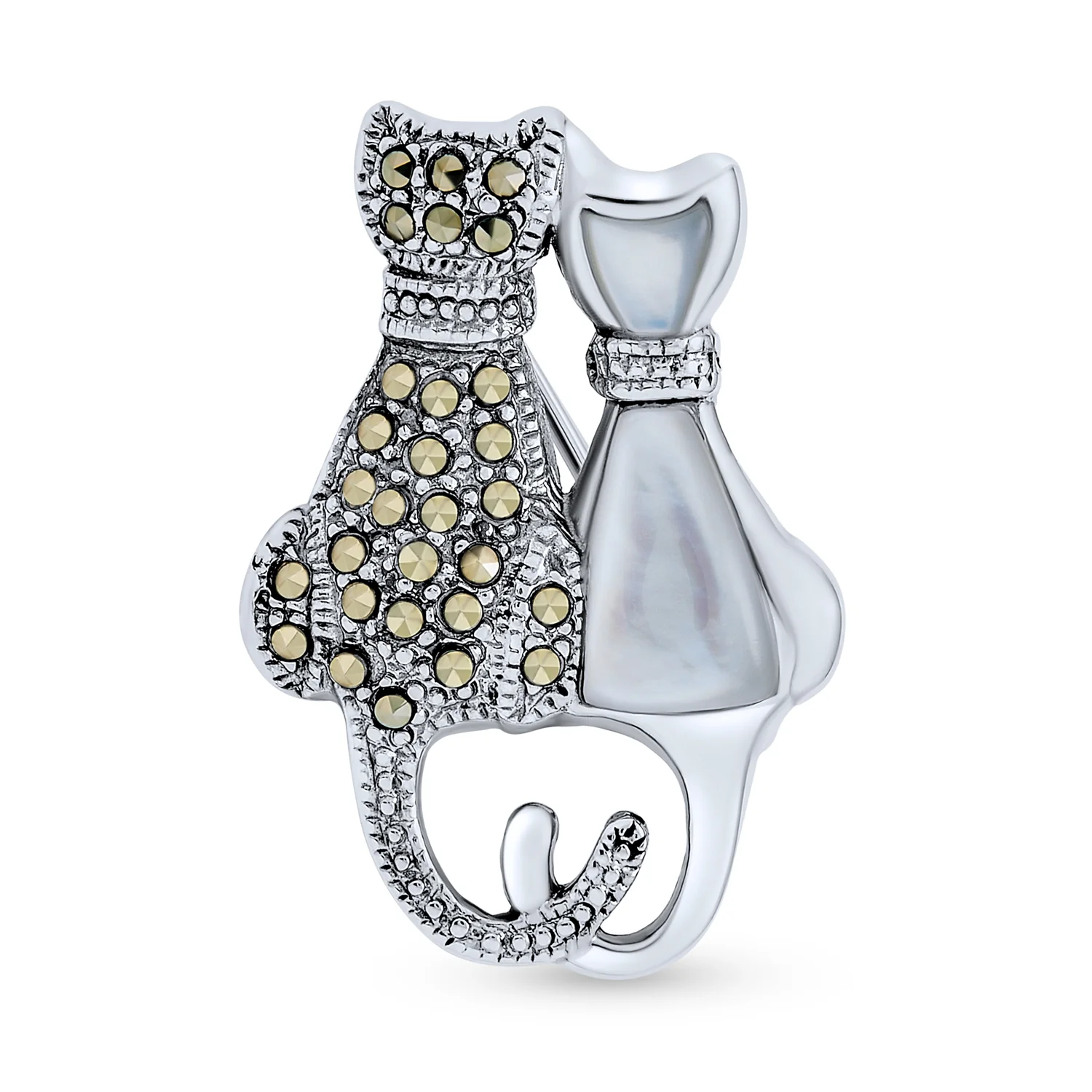 Black & White Marcasite Cat Brooche Pin Silver Pearl & Onyx