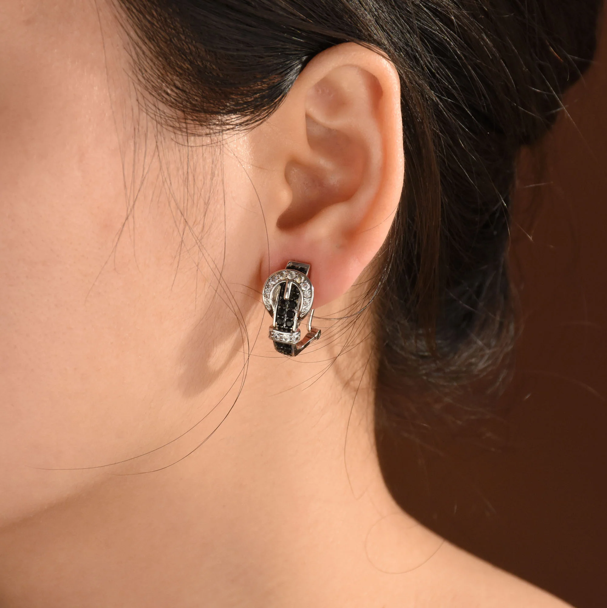 Blue Black Brown Pave CZ Stud Earrings 3D Belt Buckle - Image 5