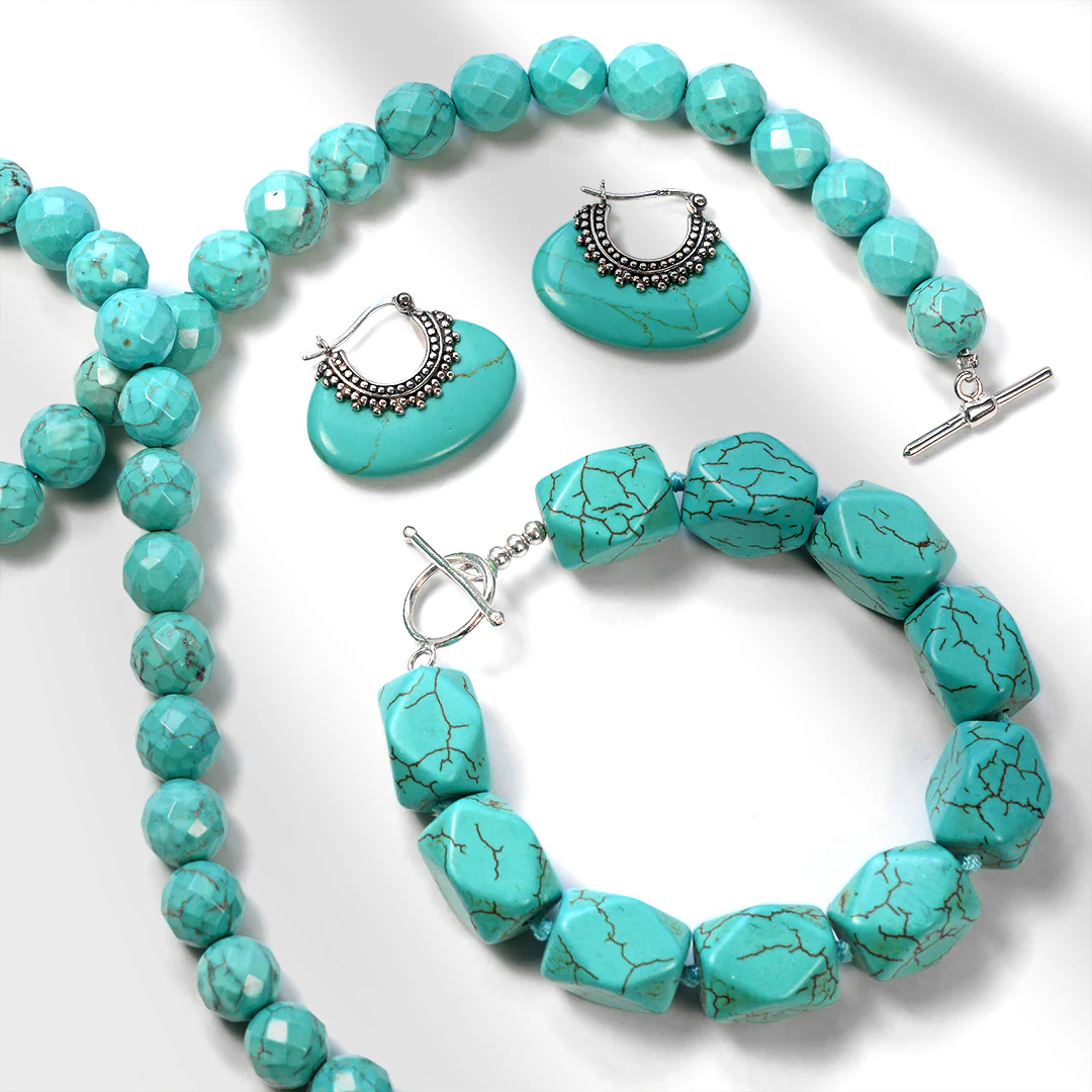 Semi-Precious Created Blue Turquoise Faceted Stone 10MM Bead Ball Strand Necklace 16 Inch