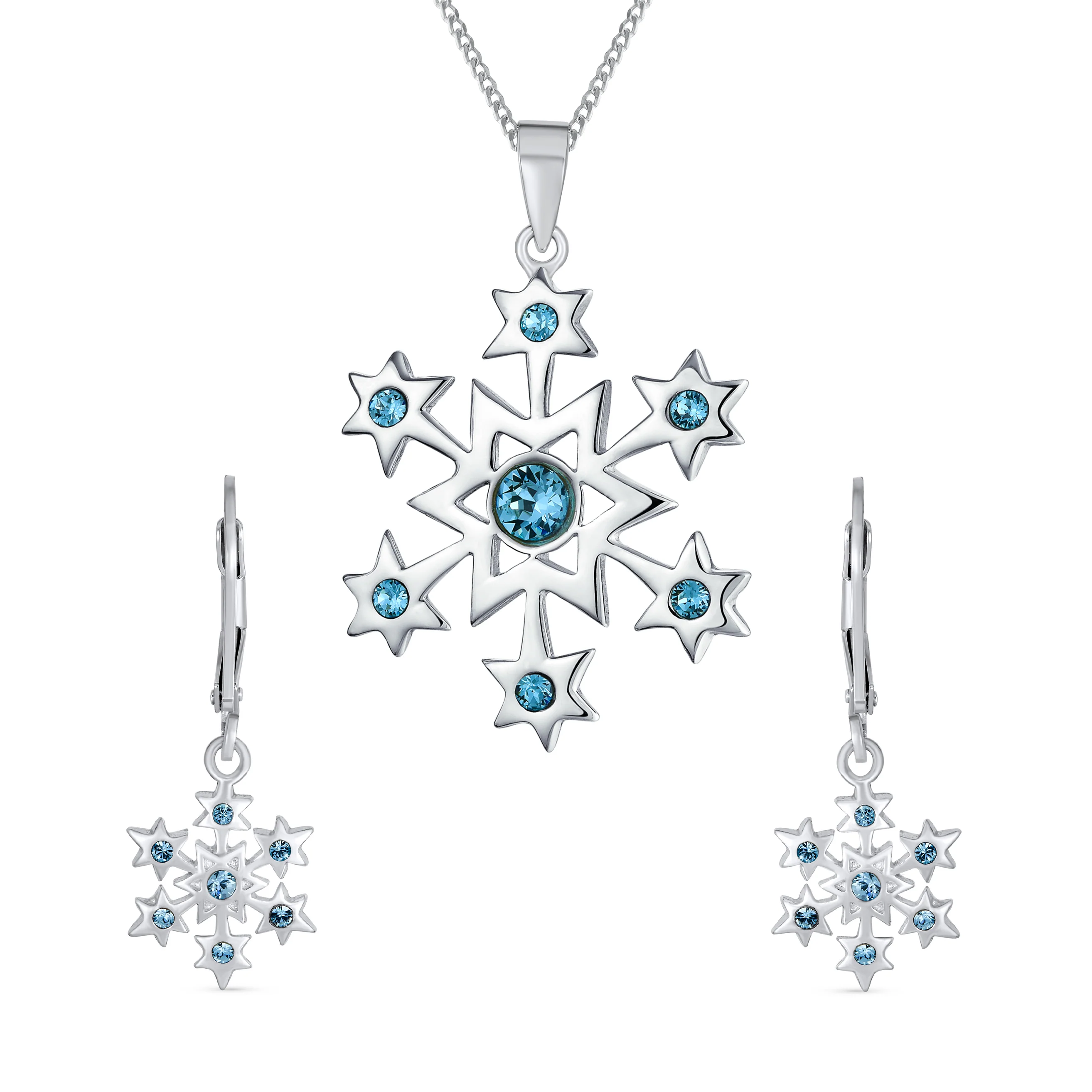 Holiday Winter Snowflake Ice Blue CZ Necklace & Earrings Set Sterling Silver