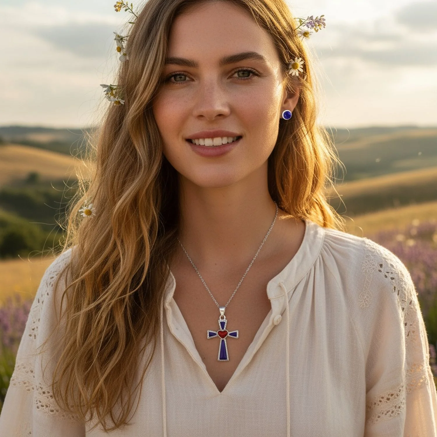 Blue Lapis Heart Cross Necklace & Dome Stud Earrings Jewelry Set Sterling Silver - Image 2