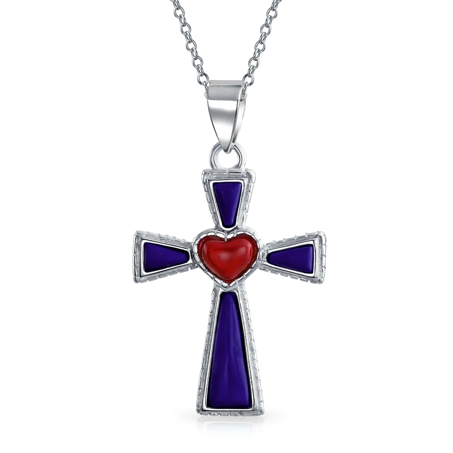 Blue Lapis Heart Cross Necklace & Dome Stud Earrings Jewelry Set Sterling Silver - Image 3