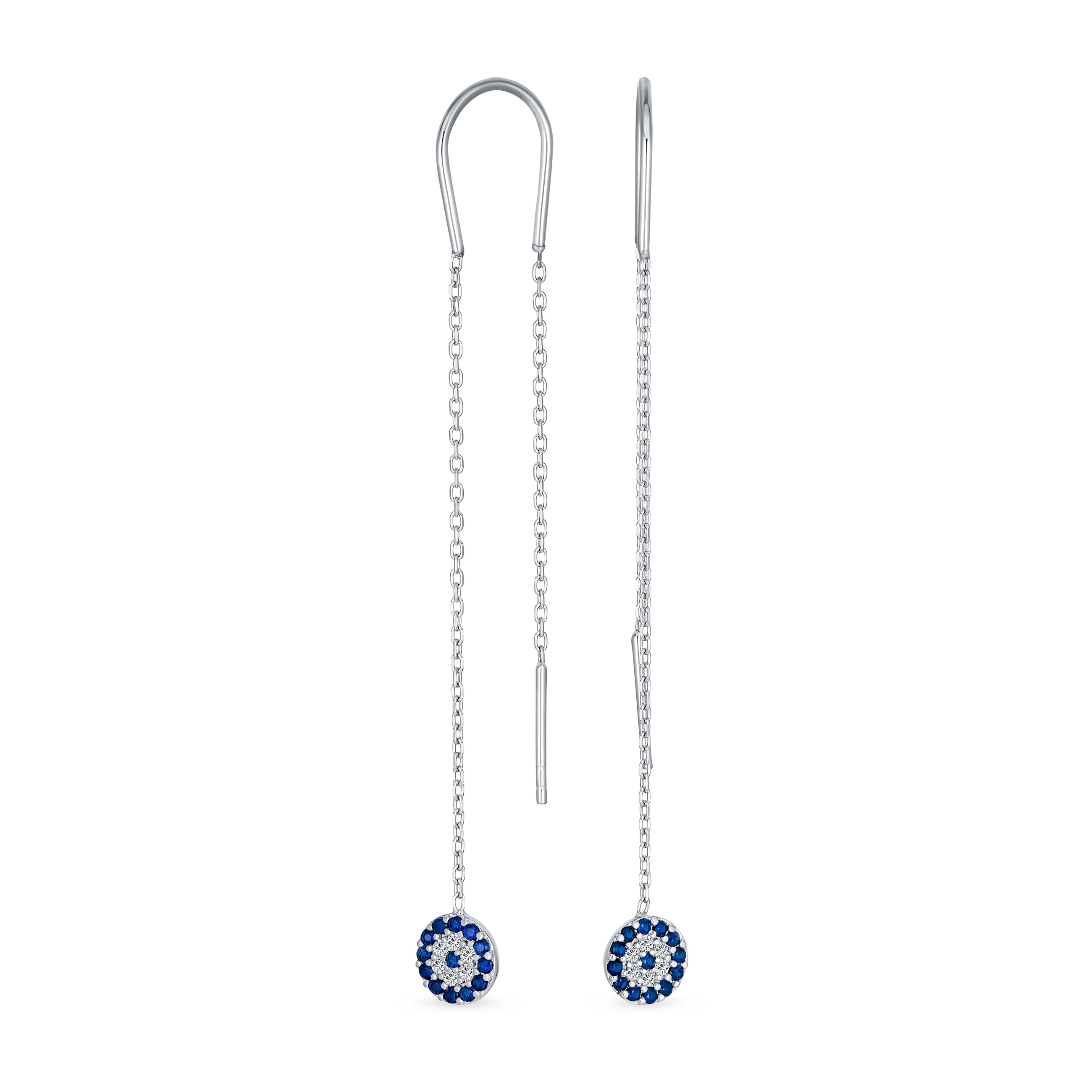 Blue Nazar Evil Eye Chandelier Earrings CZ Pave Silver